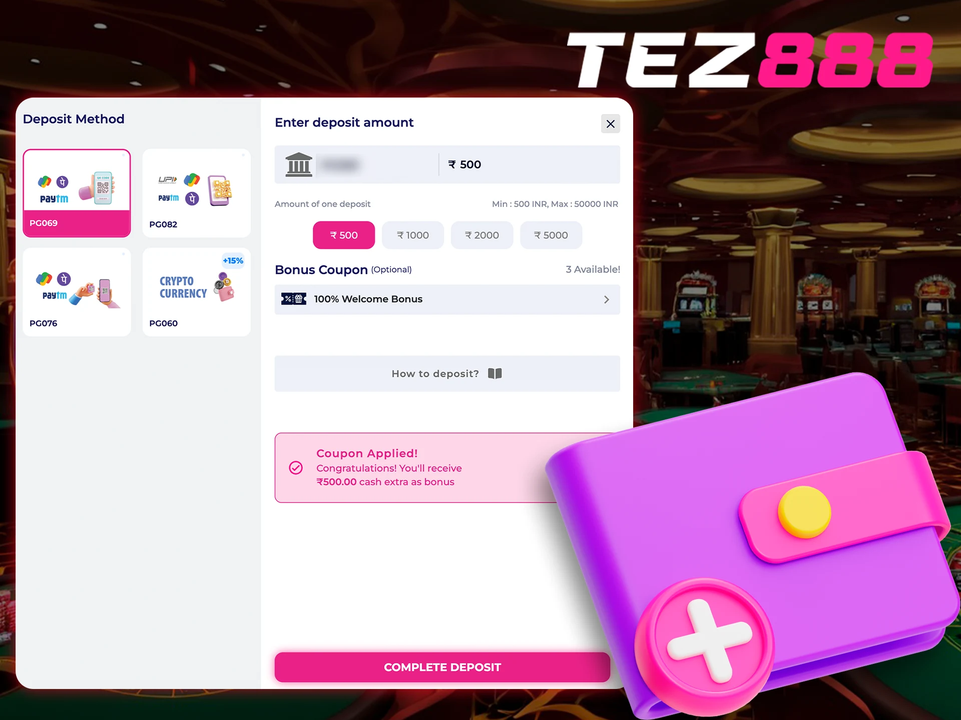 Learn how to deposit an account at Tez888.