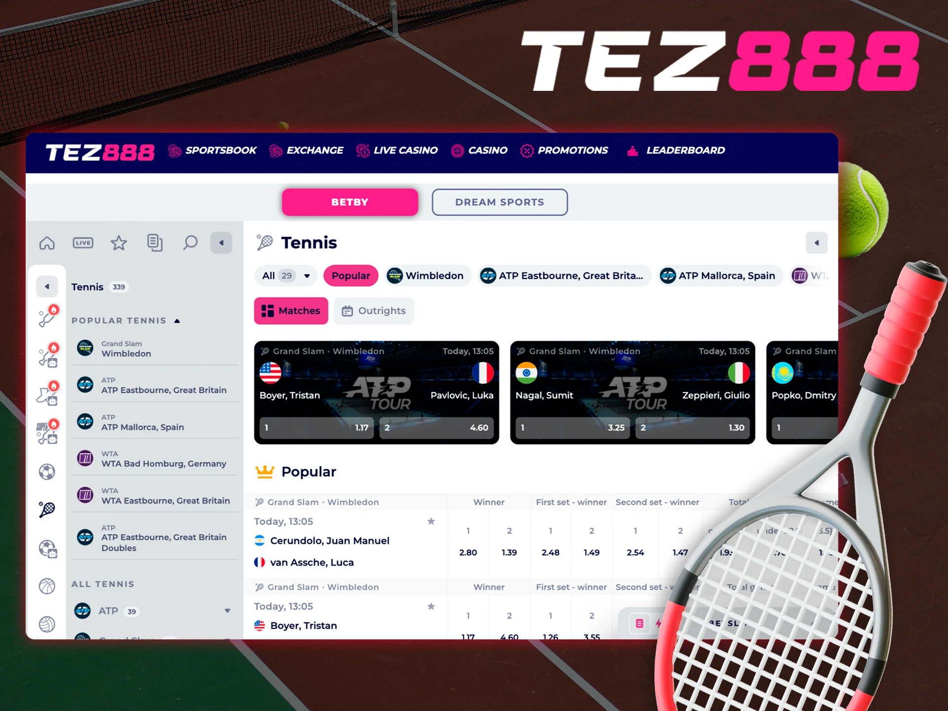 Try betting on tennis at Tez888 casino.