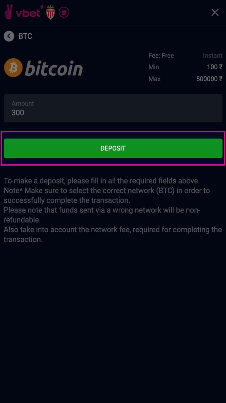 Use the instructions and make a deposit in VBet.