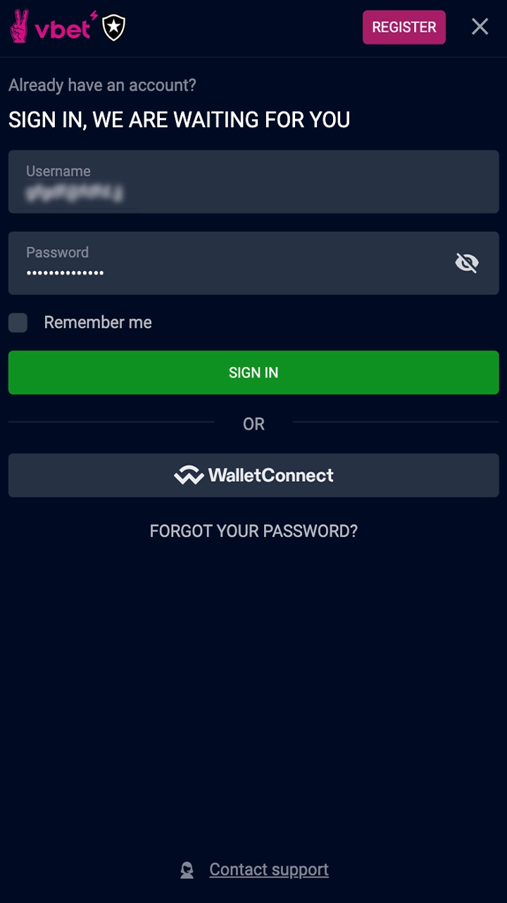 Log in to your account using your VBet registration details.
