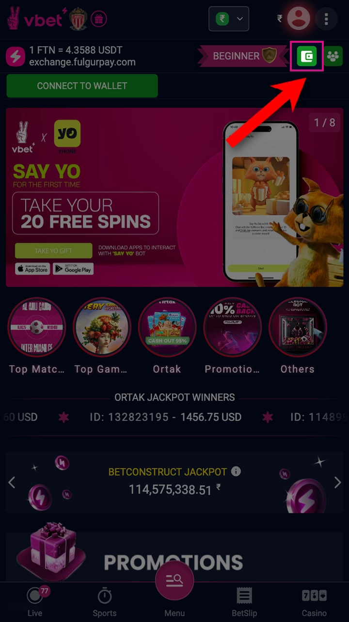 Go to deposit by clicking on the button on the VBet page.