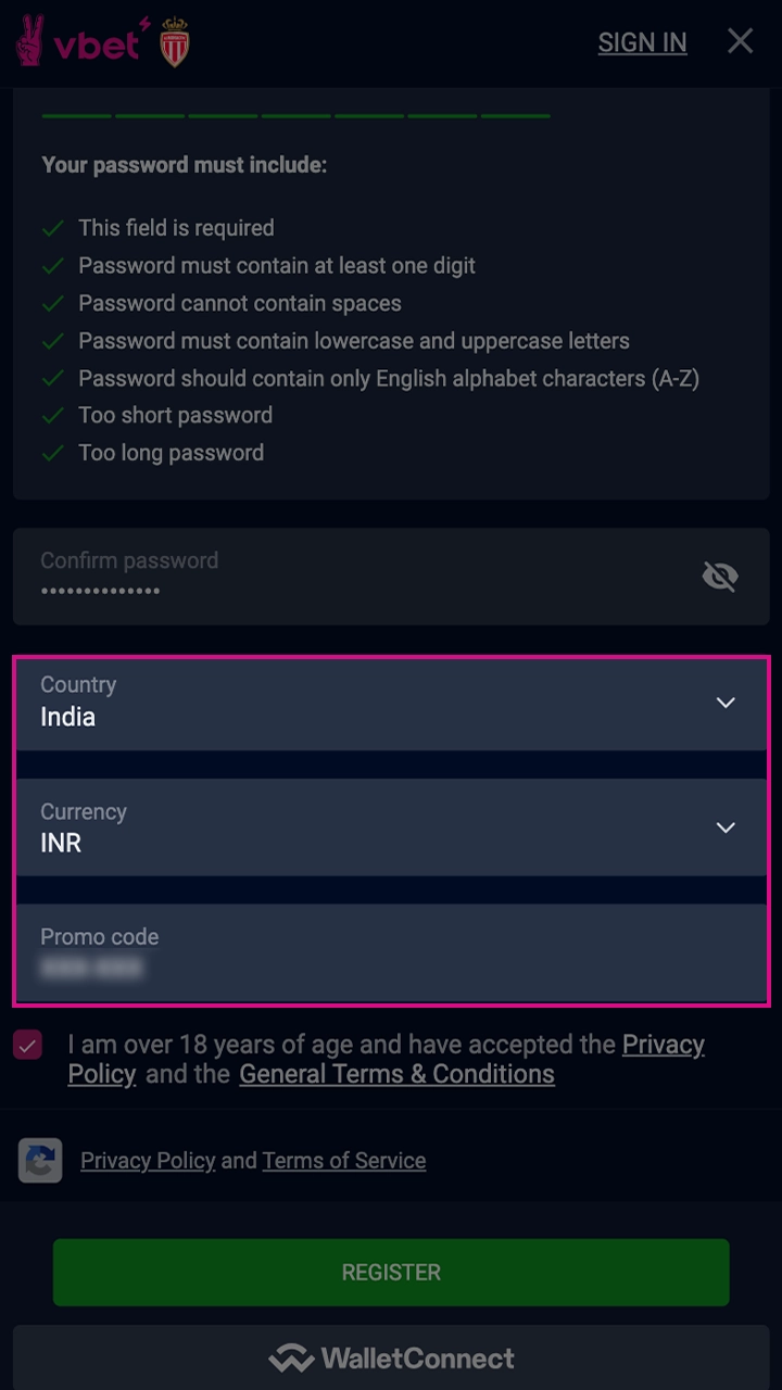 Fill in the additional information to register with VBet.