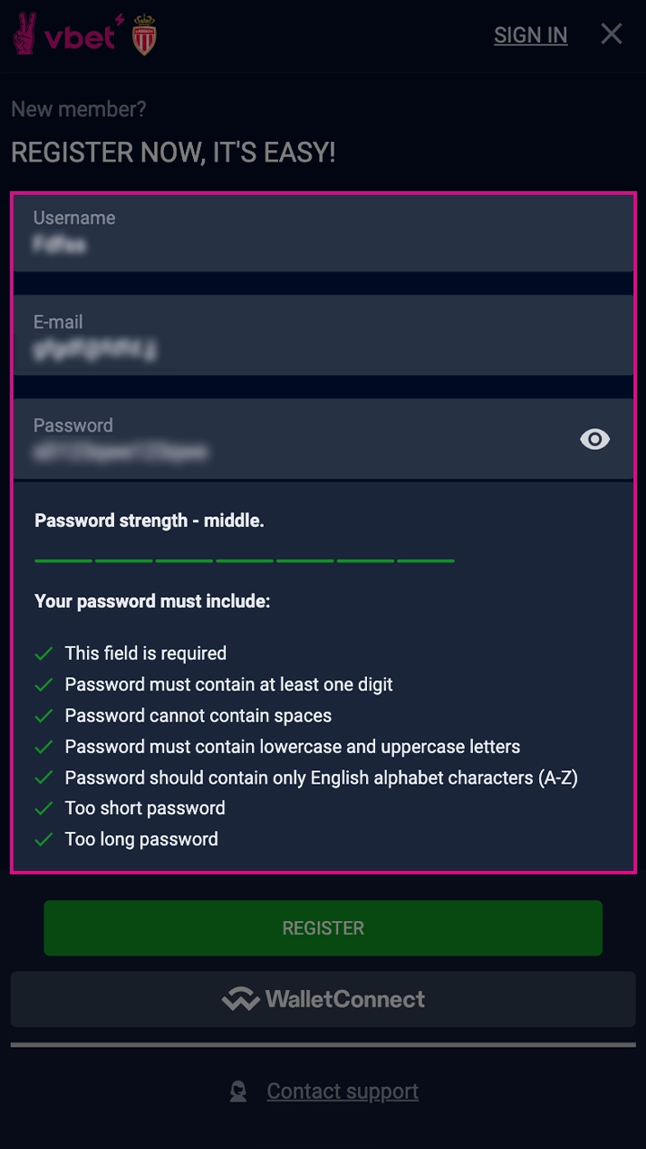 Fill in the required data in the VBet registration form.