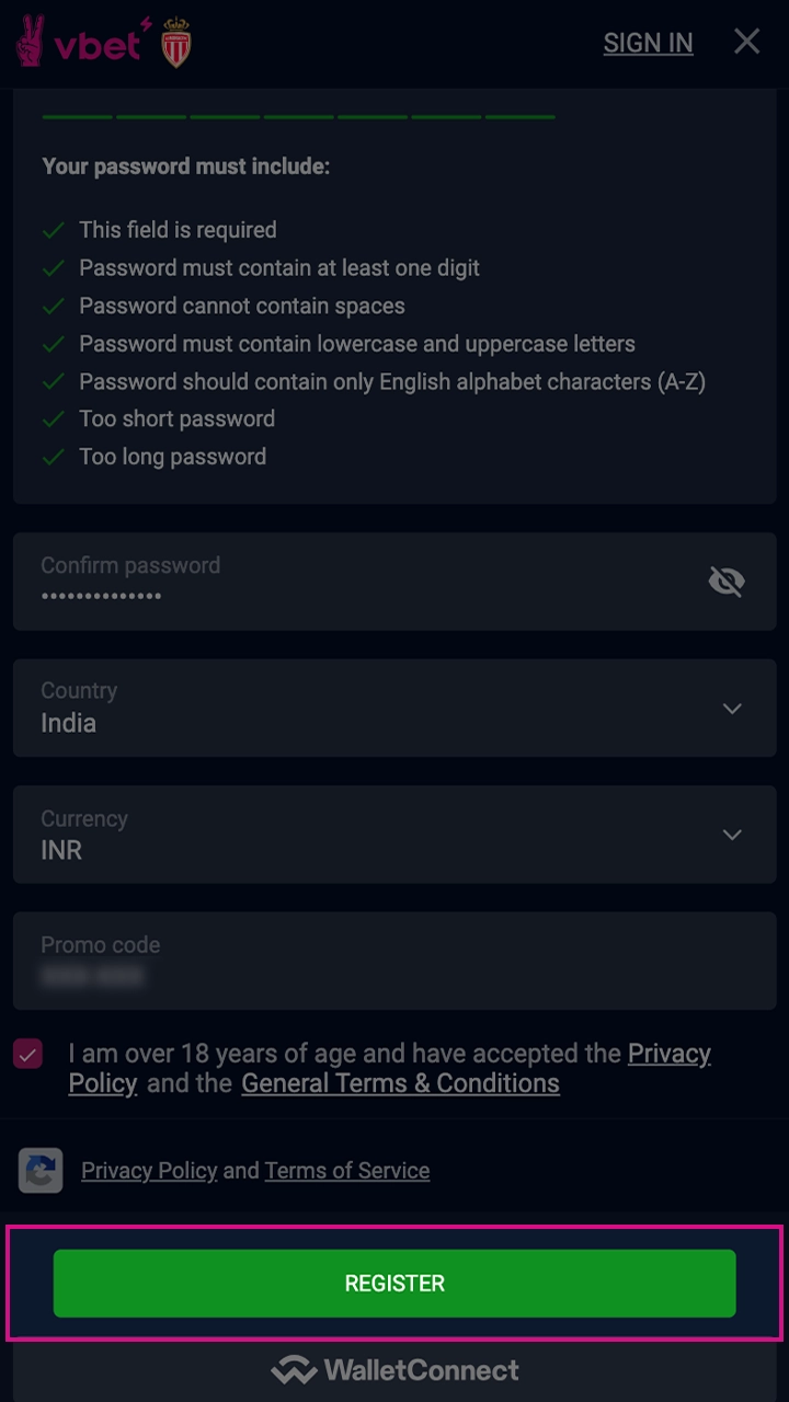 Complete the registration of your account with VBet.