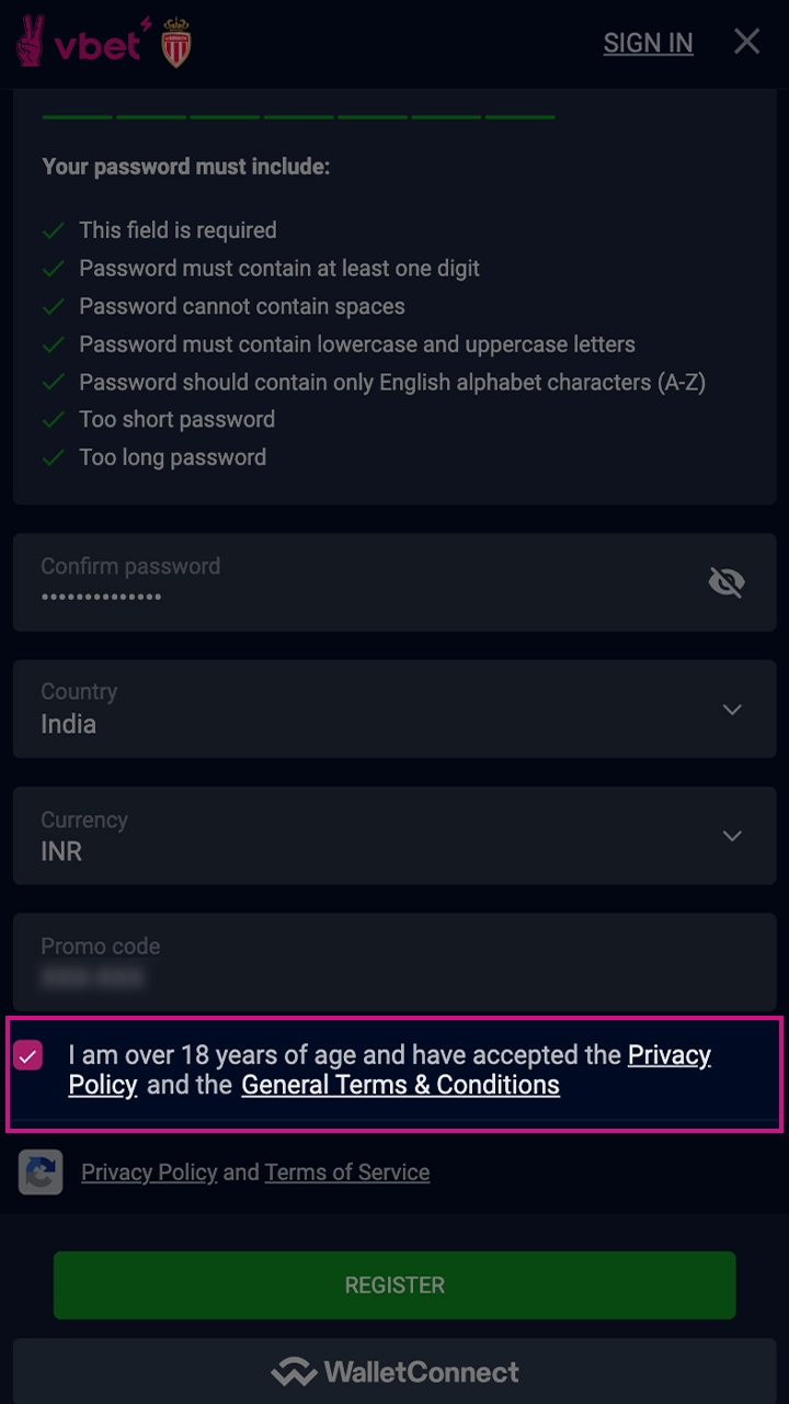 Confirm that you are familiar with the VBet rules.