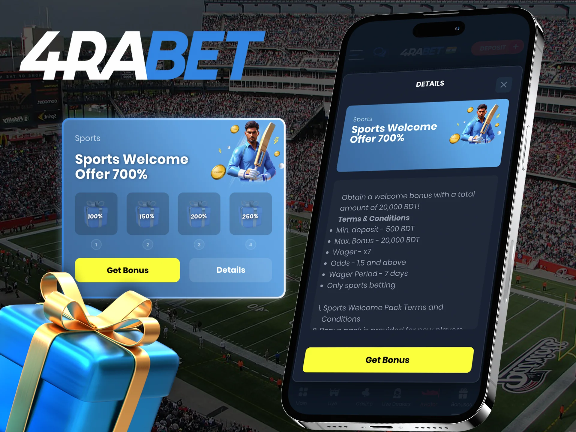 Choose your welcome bonus on the 4Rabet app.