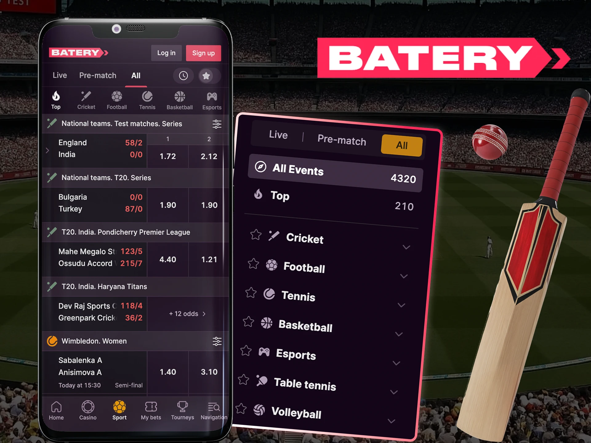 Get quick access to Batery sports betting on the app.