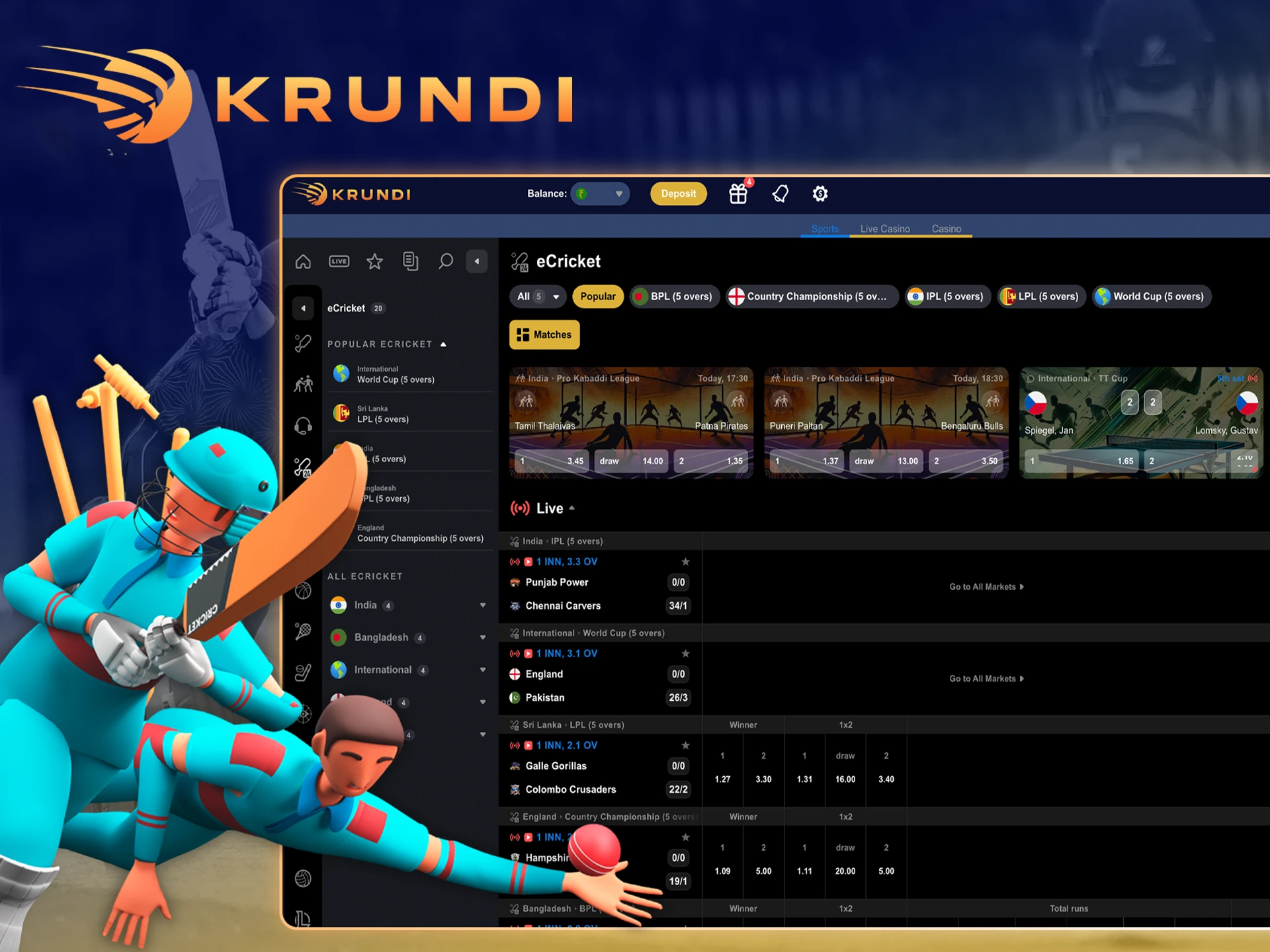 Test your fortune in eCricket betting at Krundi.