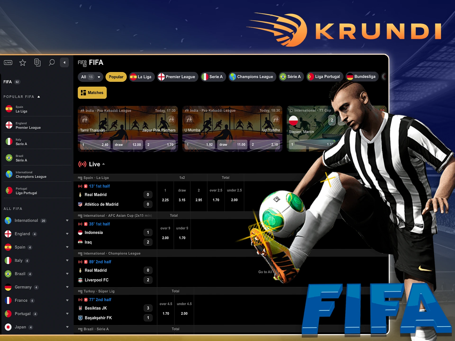 Place your bets on the popular Fifa game at Krundi.