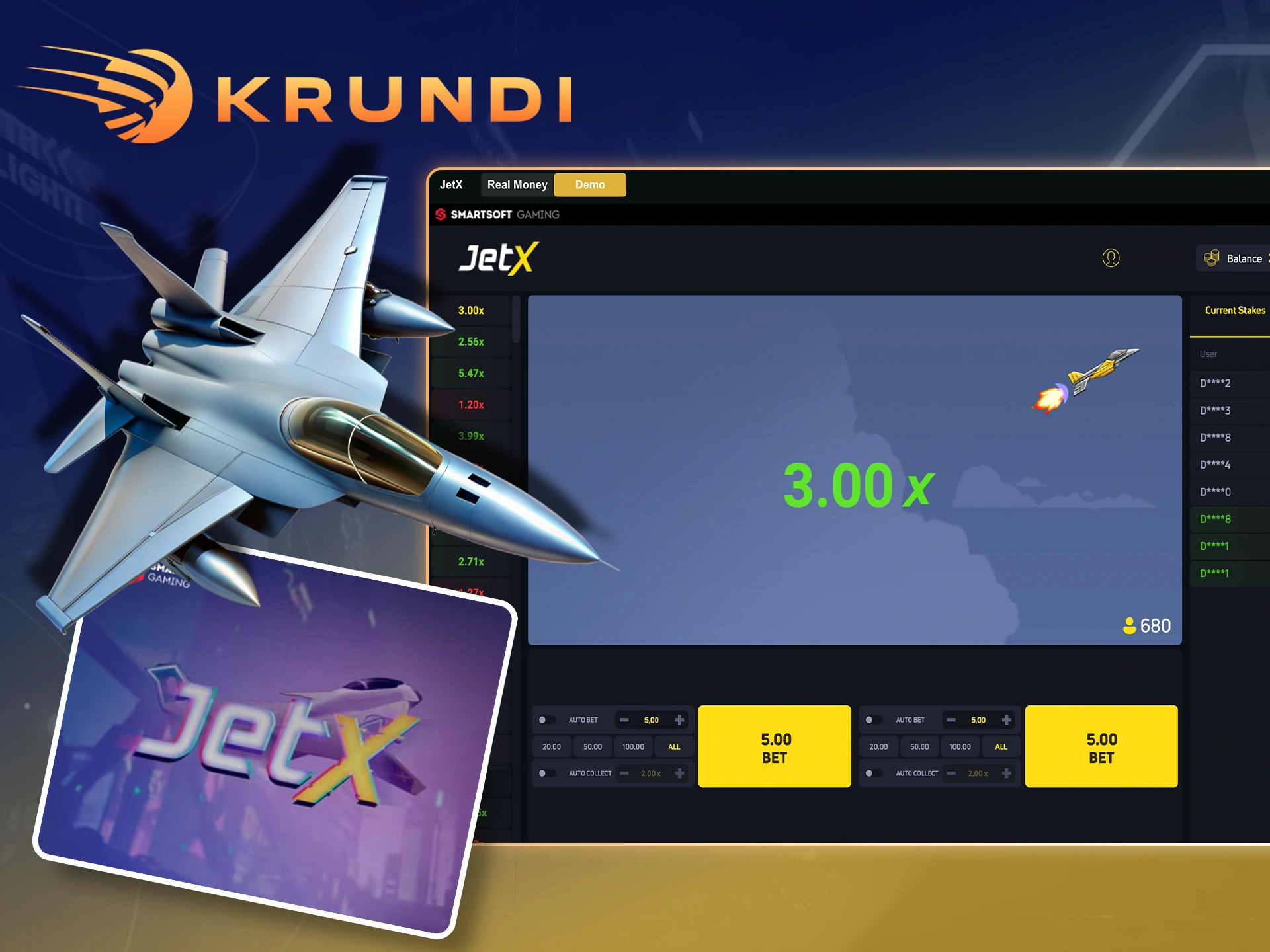 Be sure to grab a bigger multiplier in the Jet X game with Krundi.