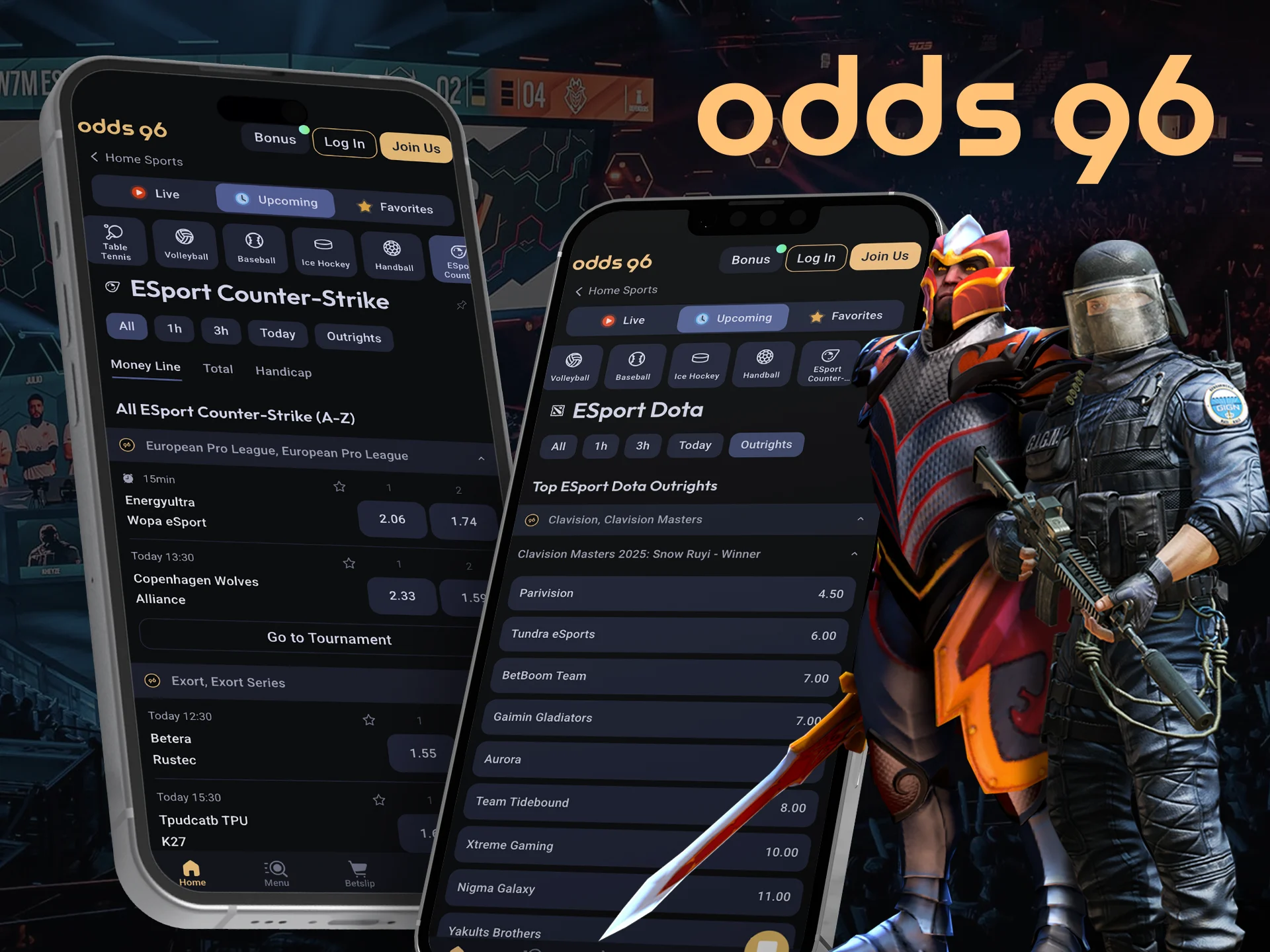 Bet on your favourites and games in the esport section on the Odds96 app.