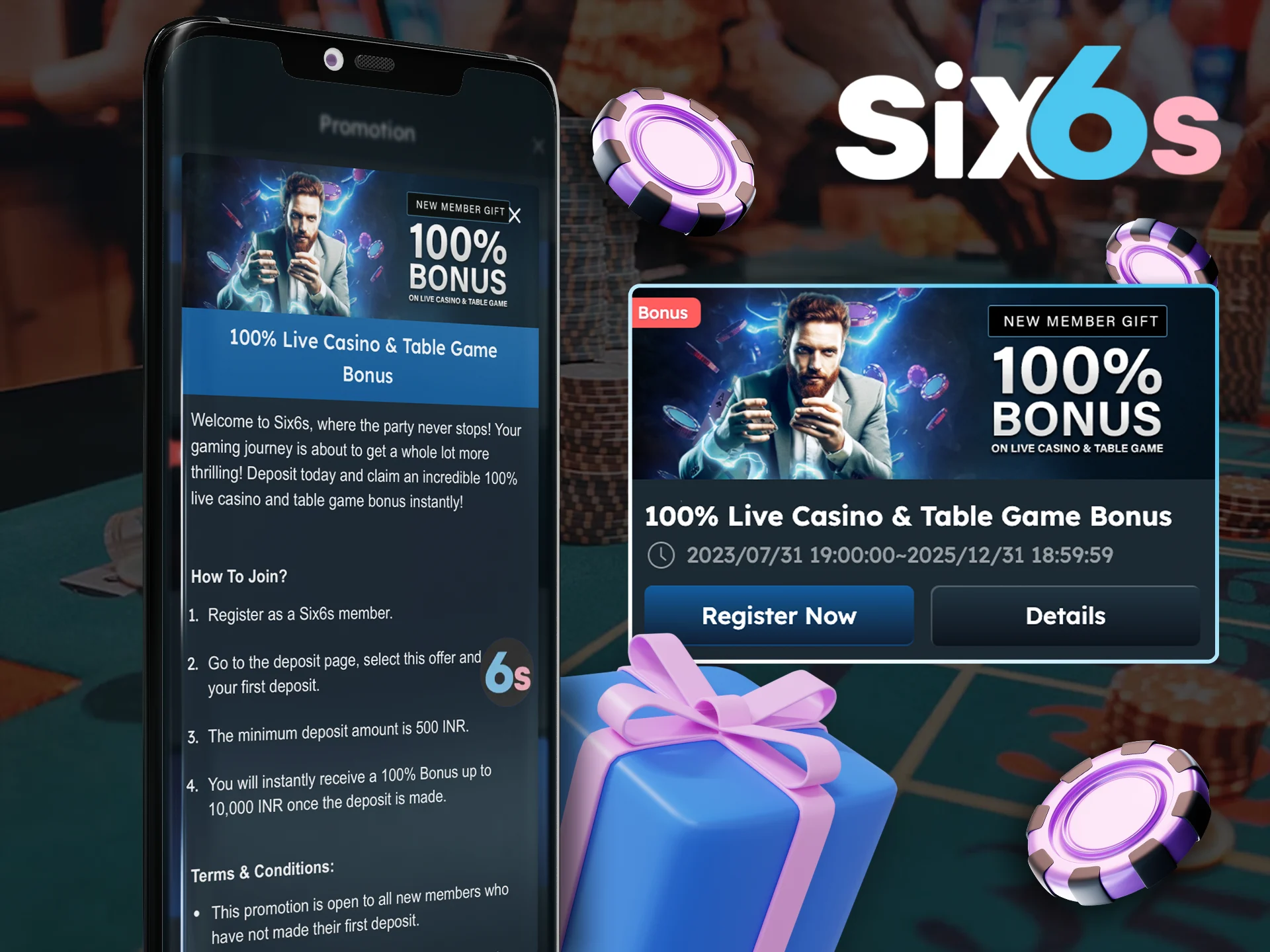Use the bonus to bet on LIve casino at Six6s.