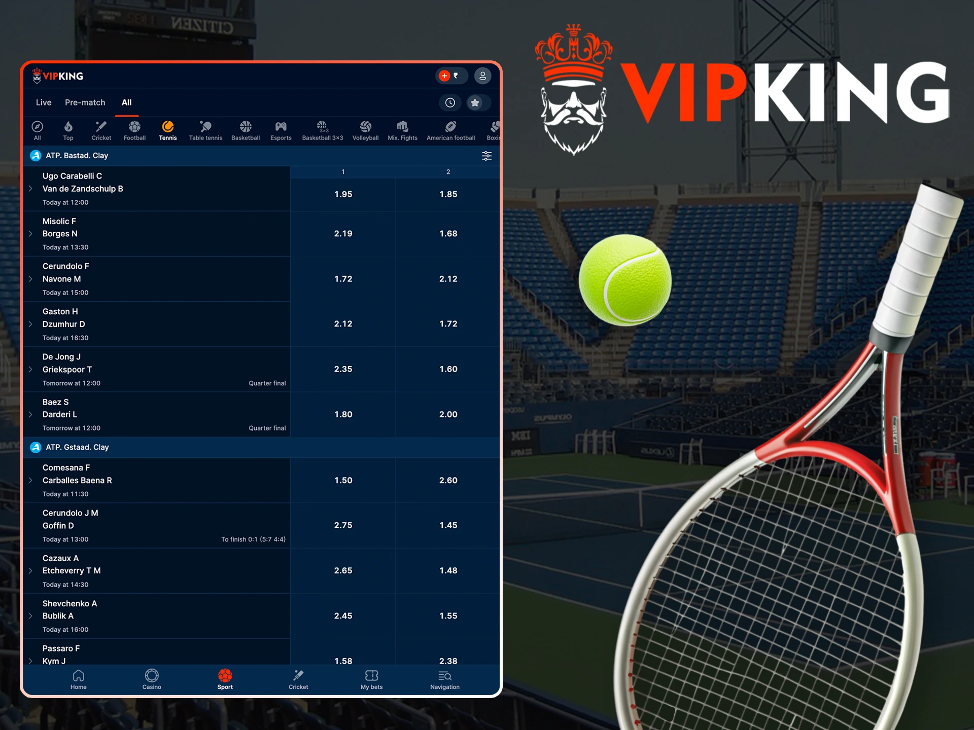 Place a bet on tennis scores or wins at VipKing.