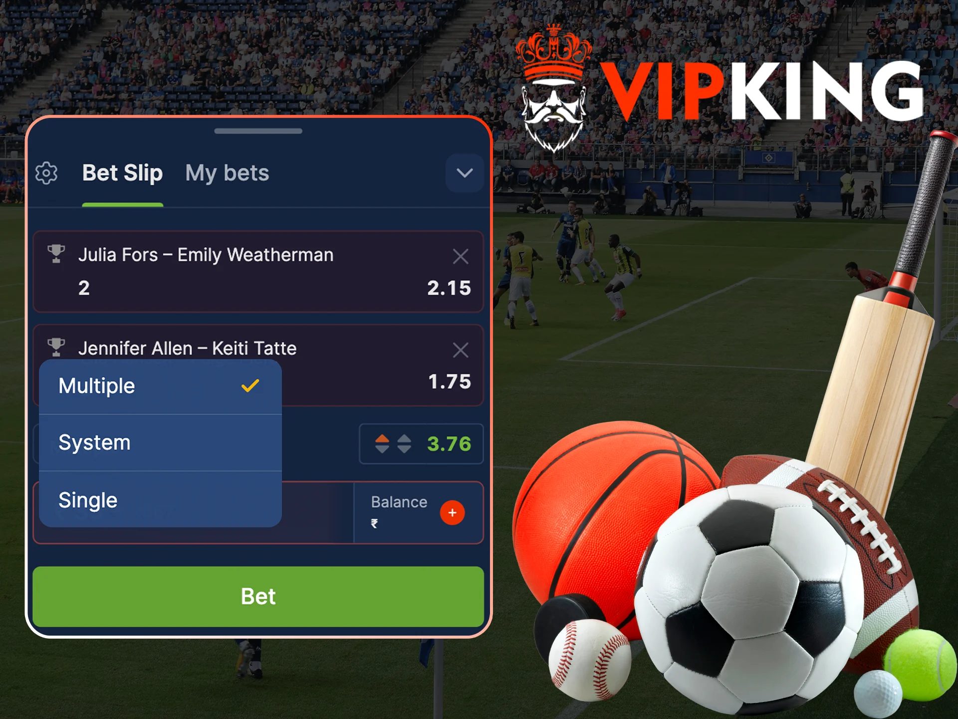 Select the sports bet type for each event at VipKing.