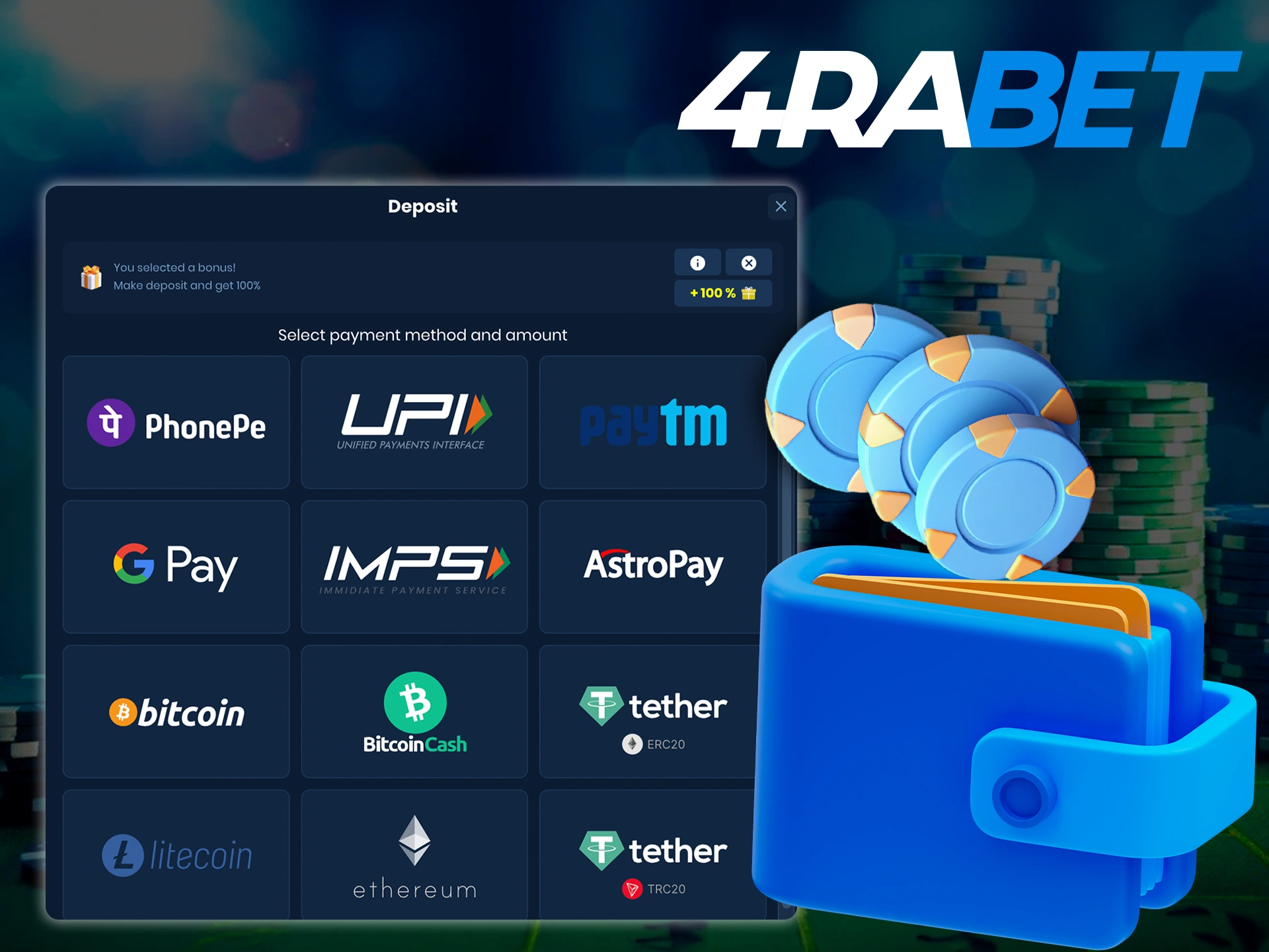 Find out how to fund your account at 4Rabet India so you can start betting.