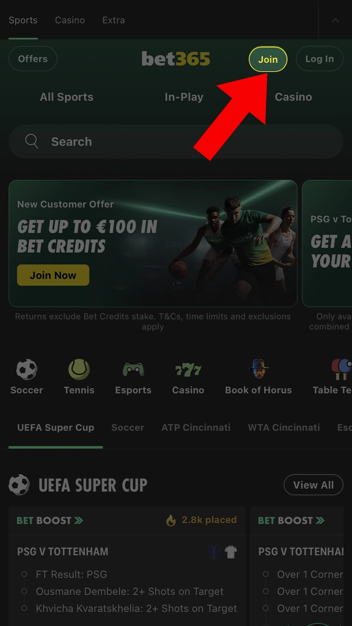 Click on the register button on the Bet365 home page.