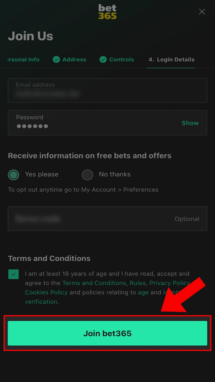 Confirm and complete your Bet365 account registration.