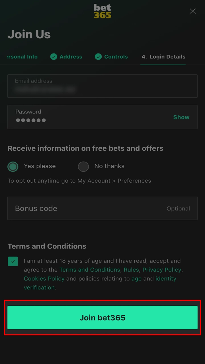 Complete your registration and start playing at Bet365.