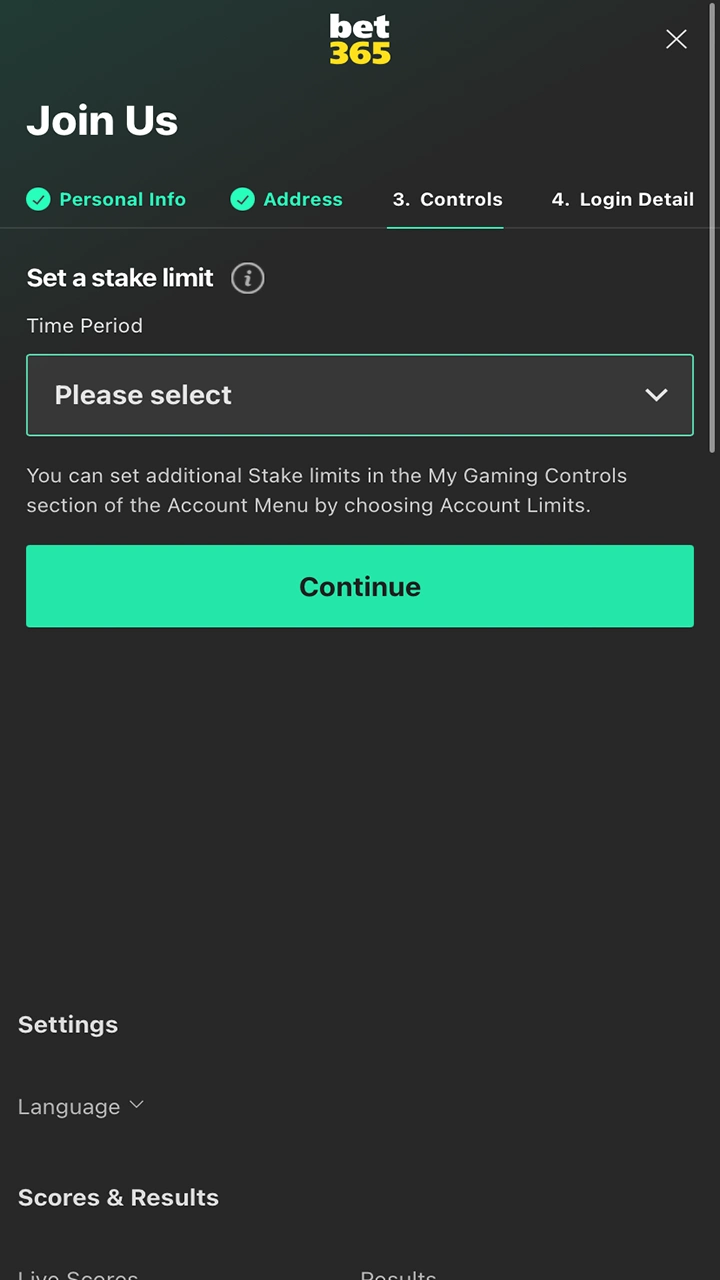 Select the required Bet365 account settings.