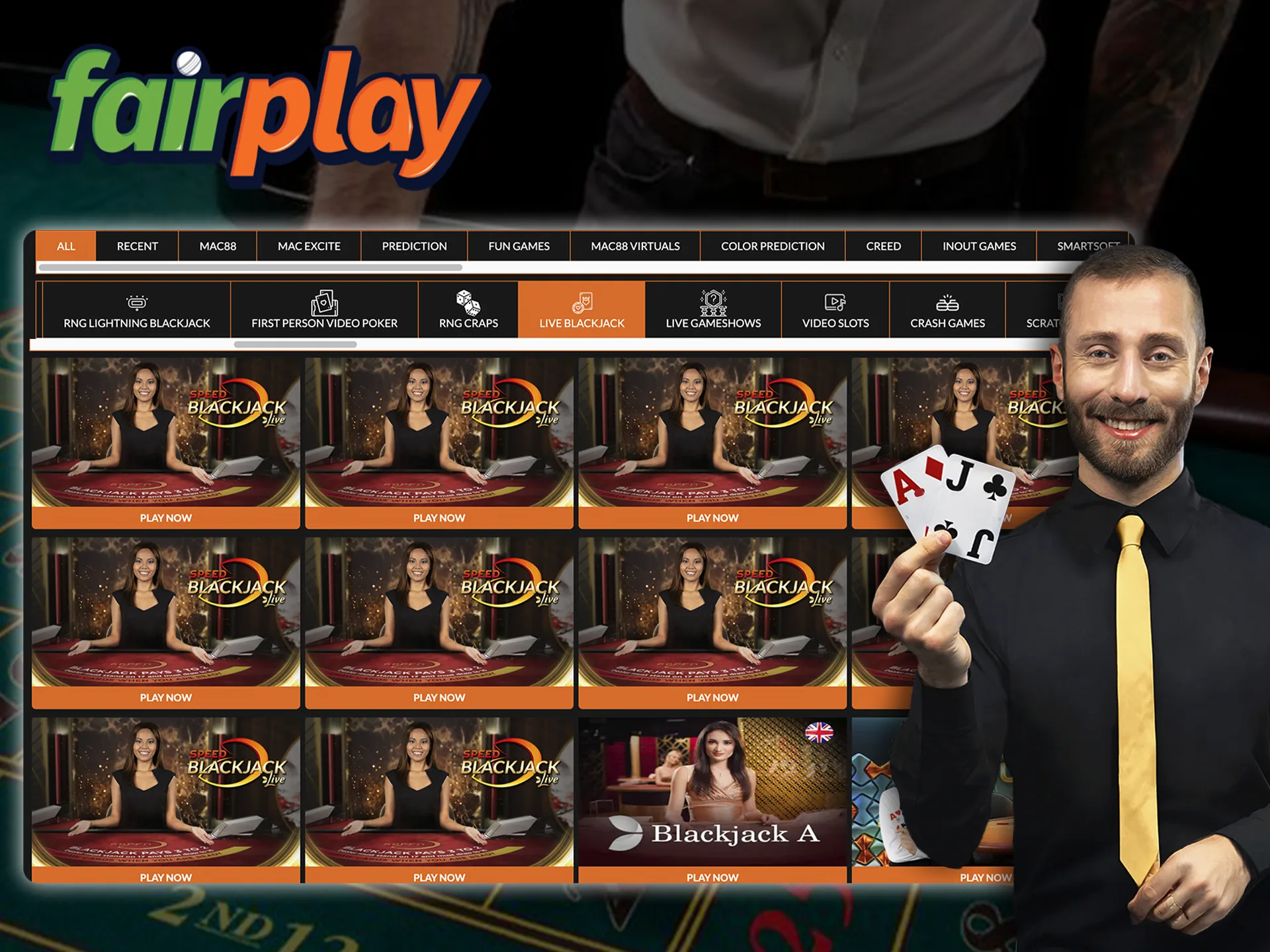 Play with live dealers in the Live Casino section of Fairplay.