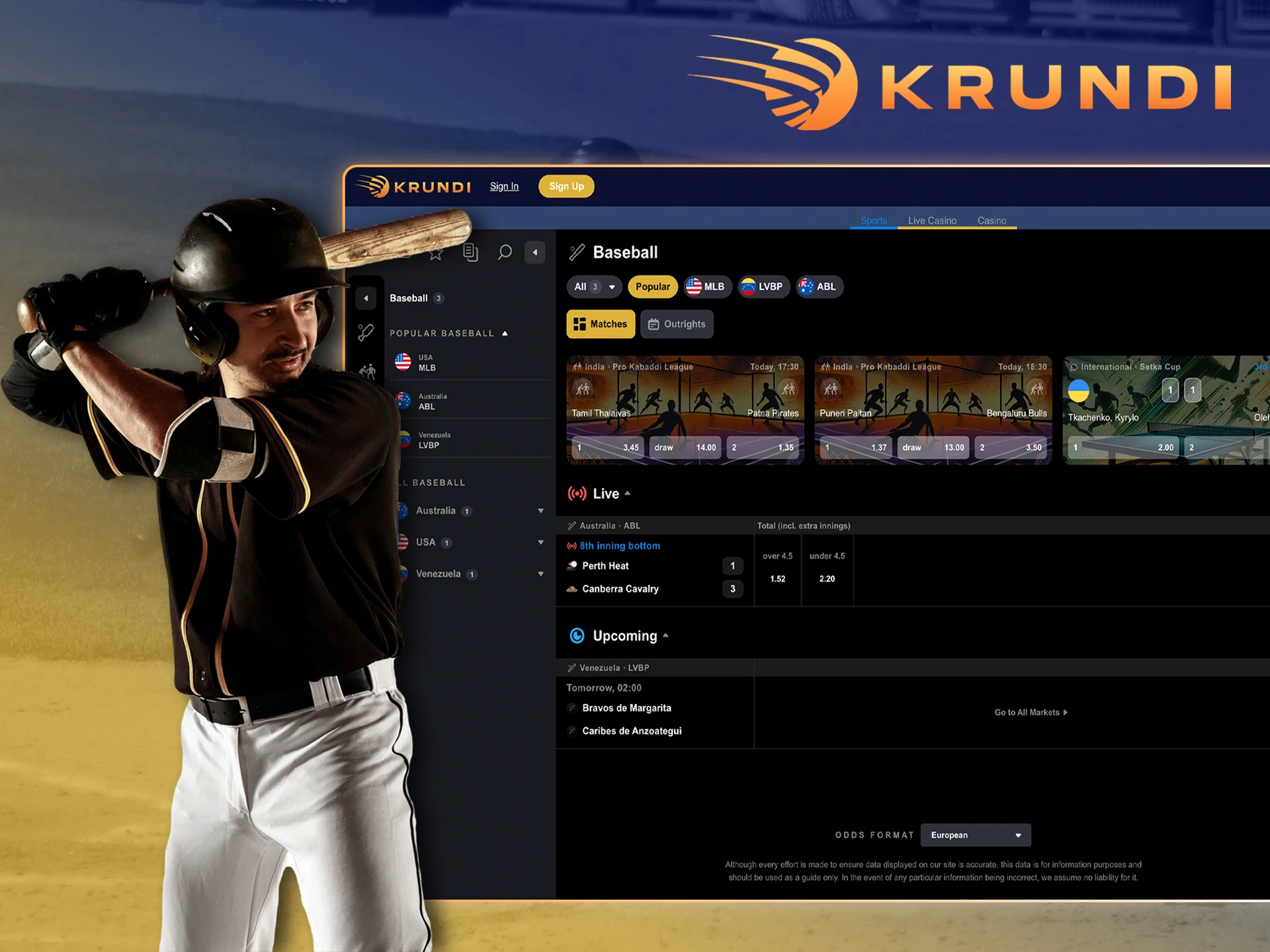 To bet, pick a baseball matchup and odds and you'll be lucky at Krundi.