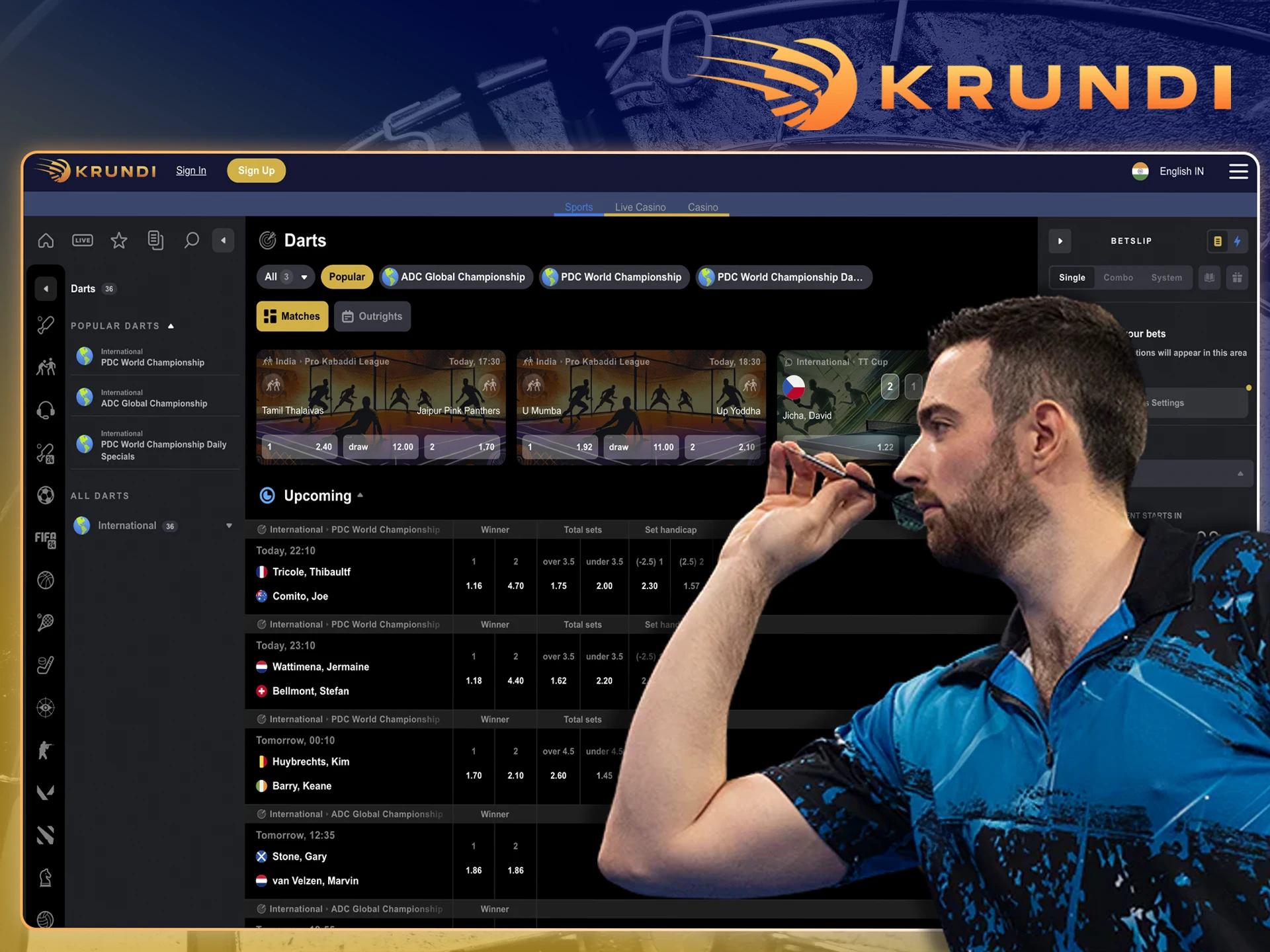 Predict who will score the most darts points and place your bet at Krundi.
