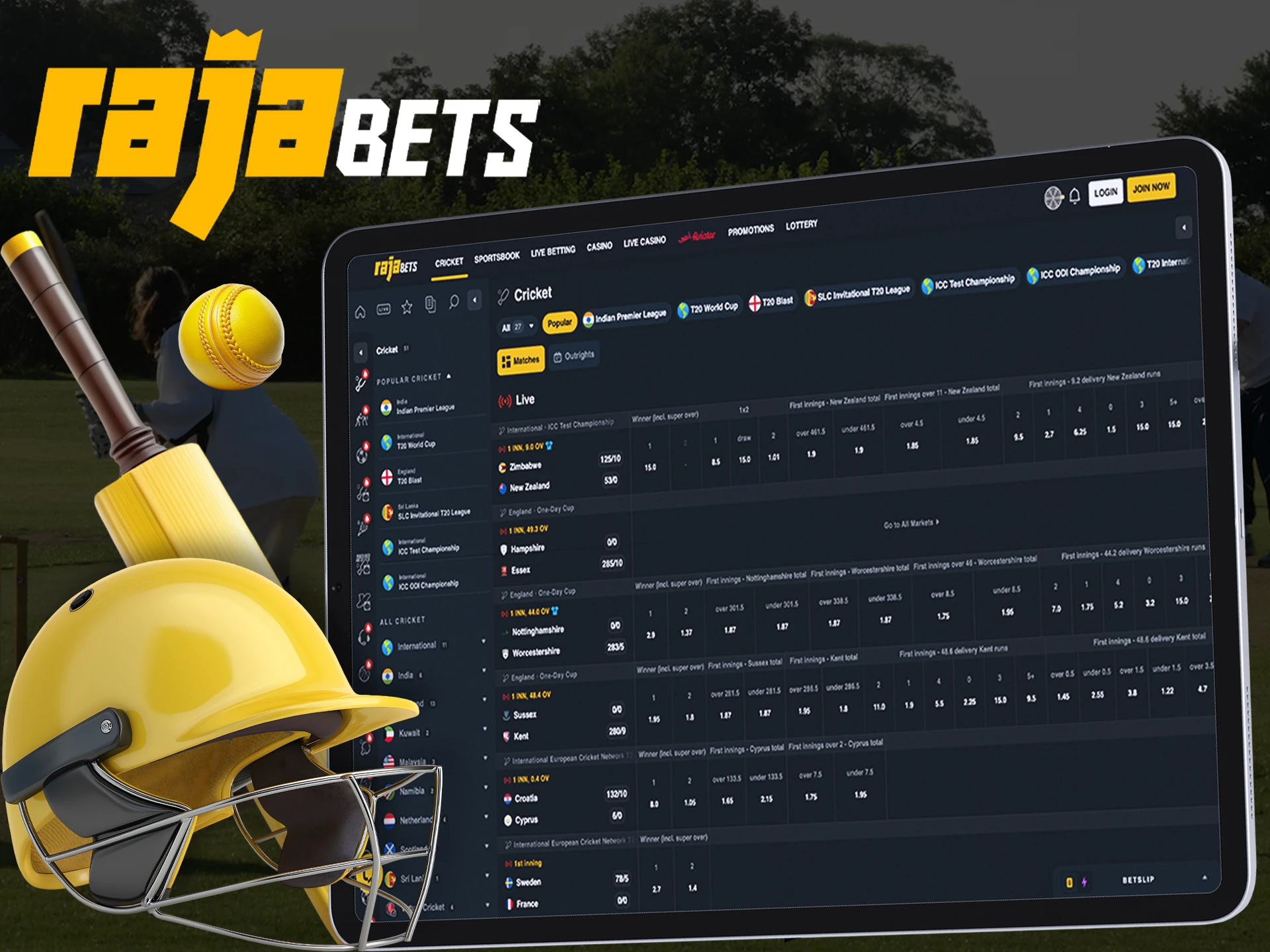 Place bets on your favorite cricket teams with Rajabets.