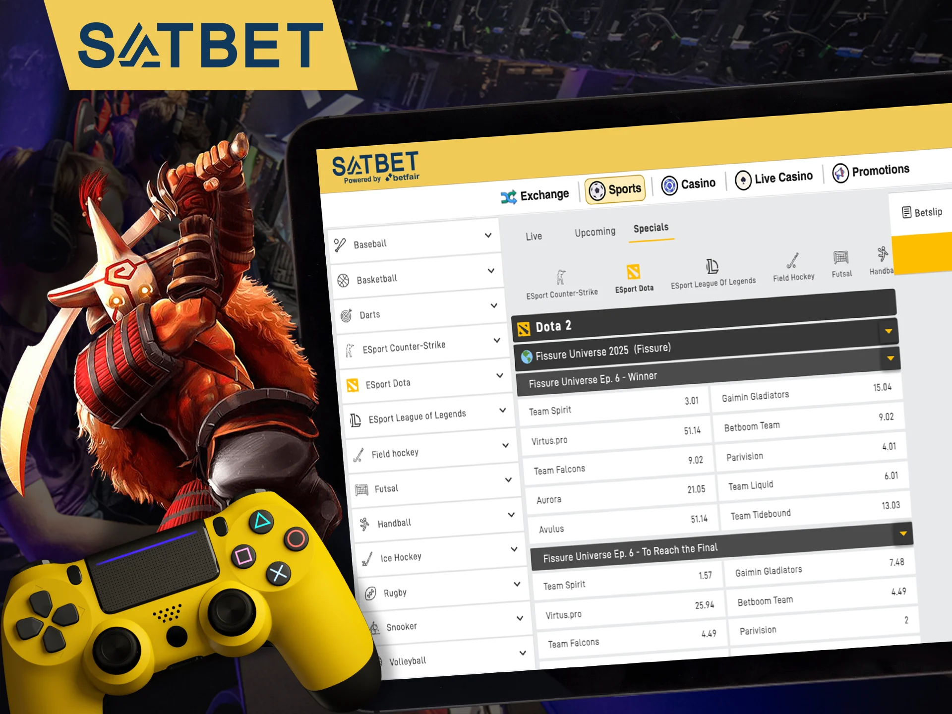 Find your favorite game or team in the Esport section for betting at Satbet.