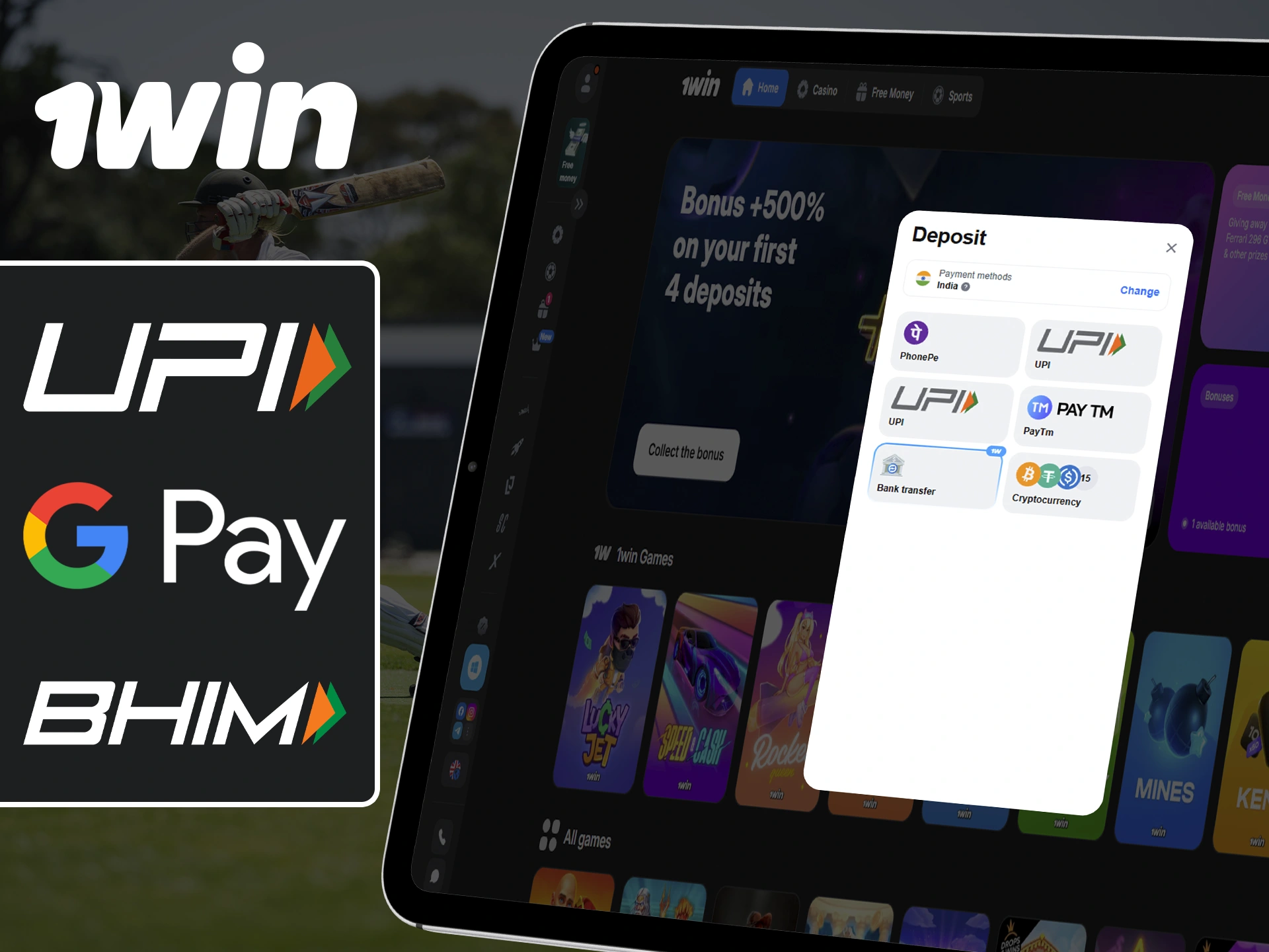 1Win's popular payment methods.