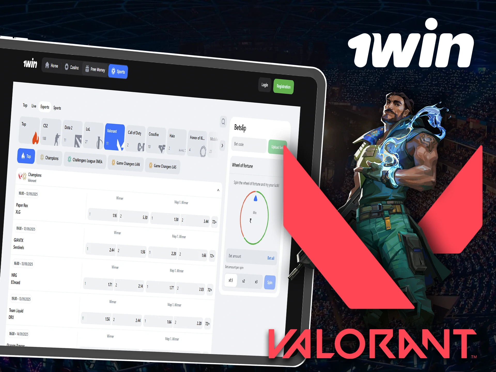 1Win offers Valorant fans the opportunity to follow and bet on the major tournaments.