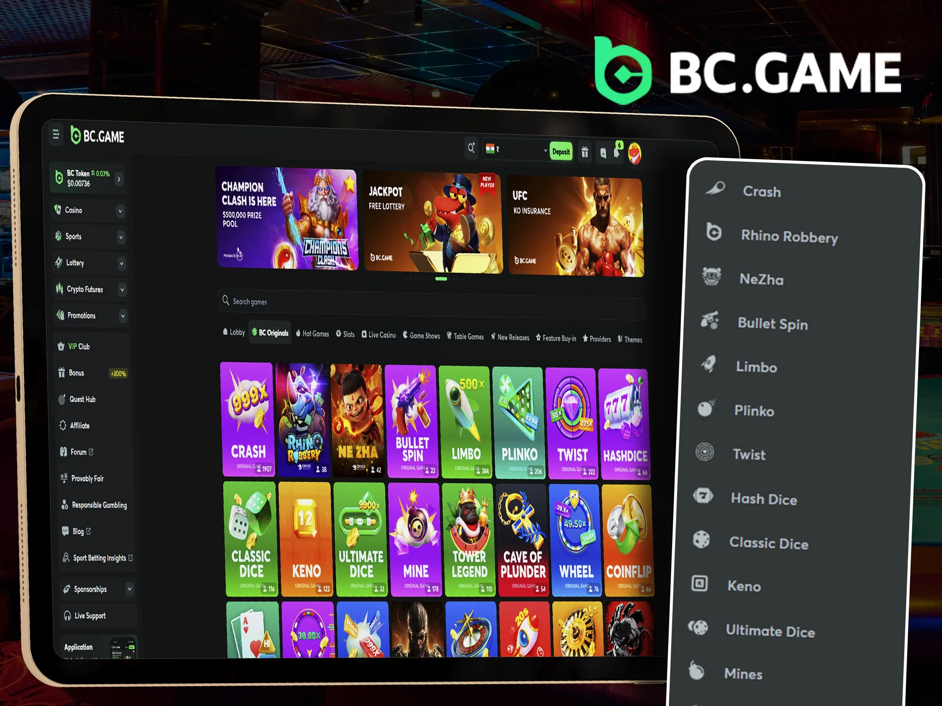 BC Game Originals games with various unique games.