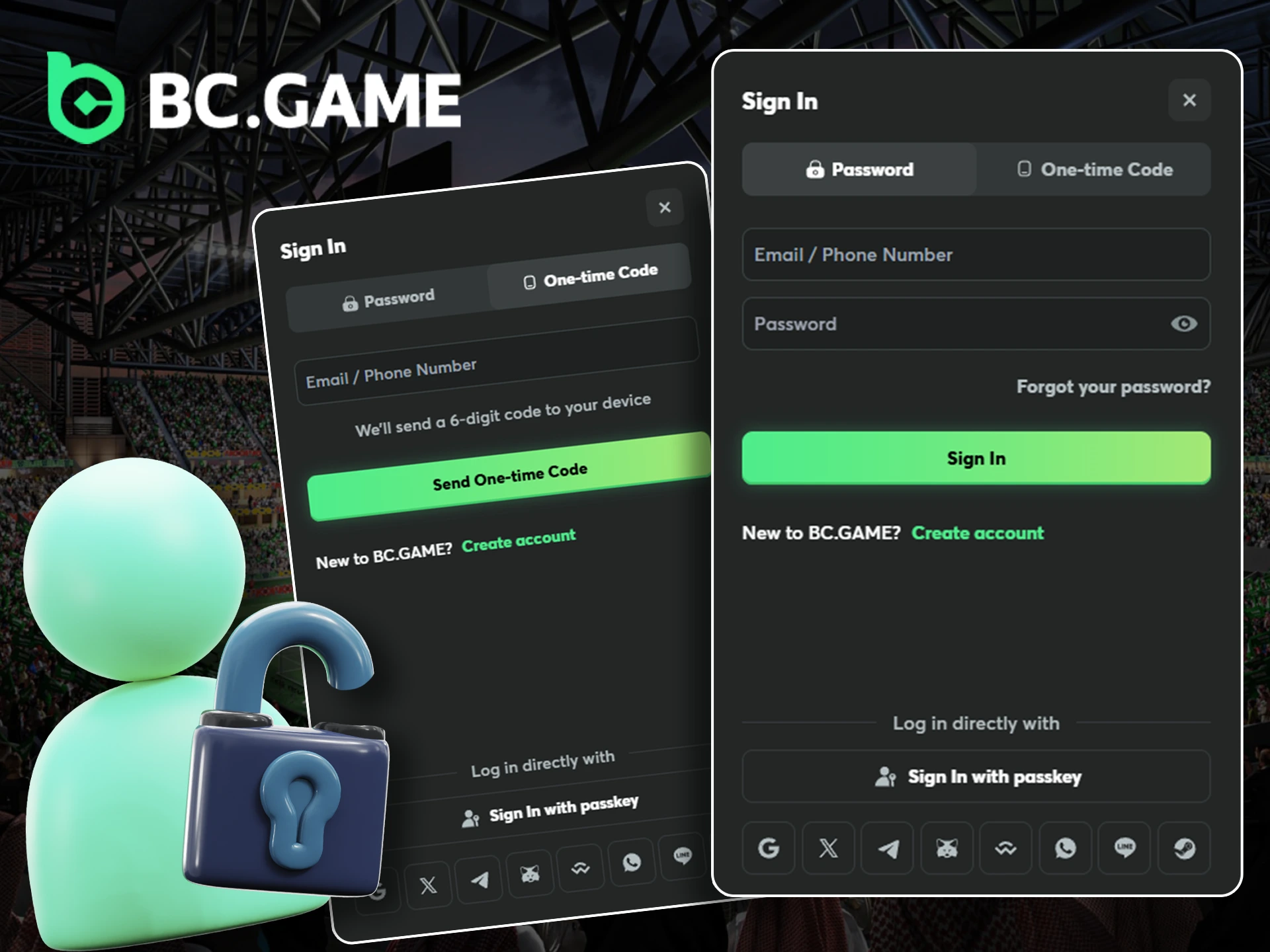 BC Game login page with fields for email and password.