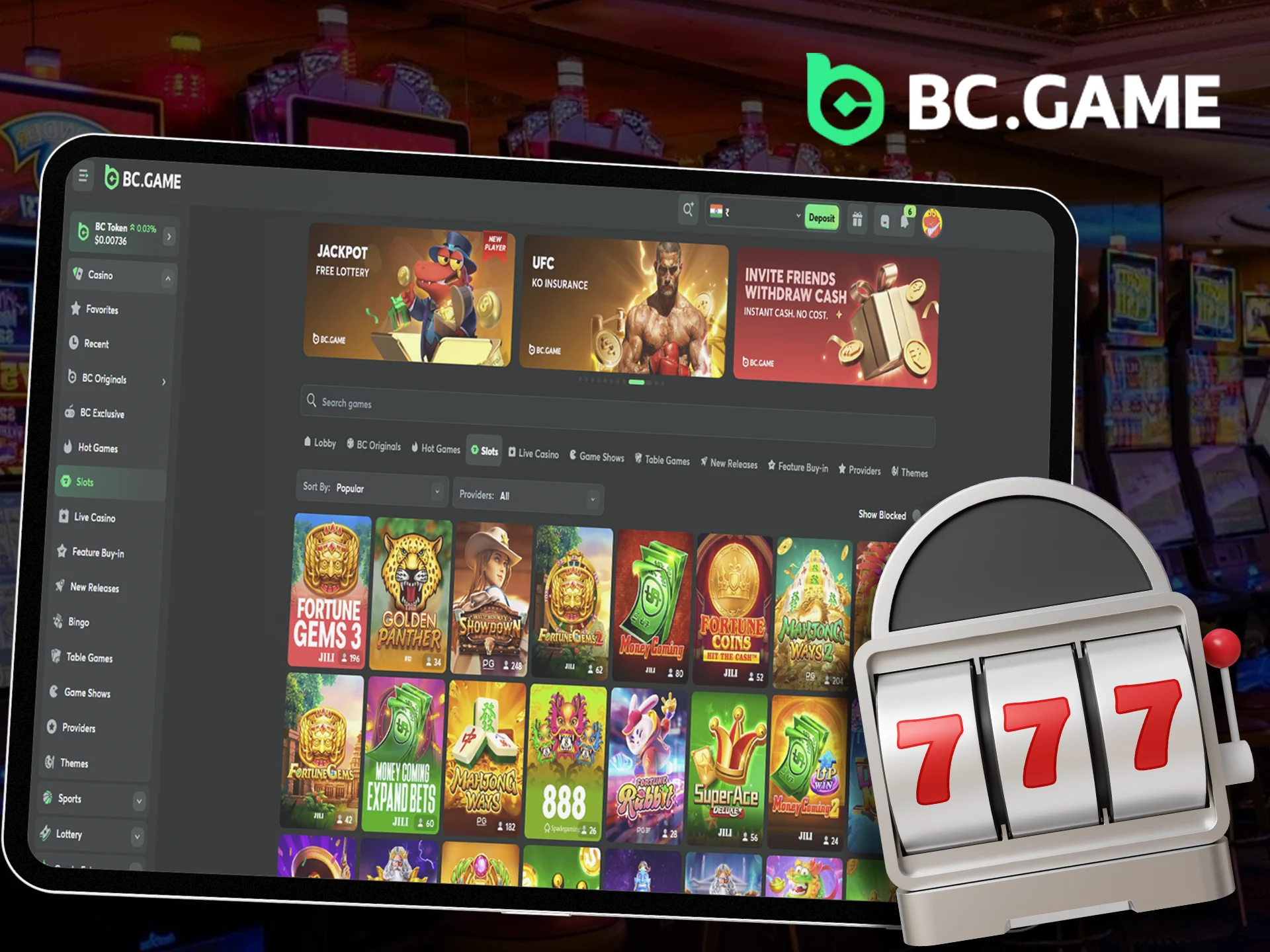 Laptop displaying BC Game slots section with various slot games.