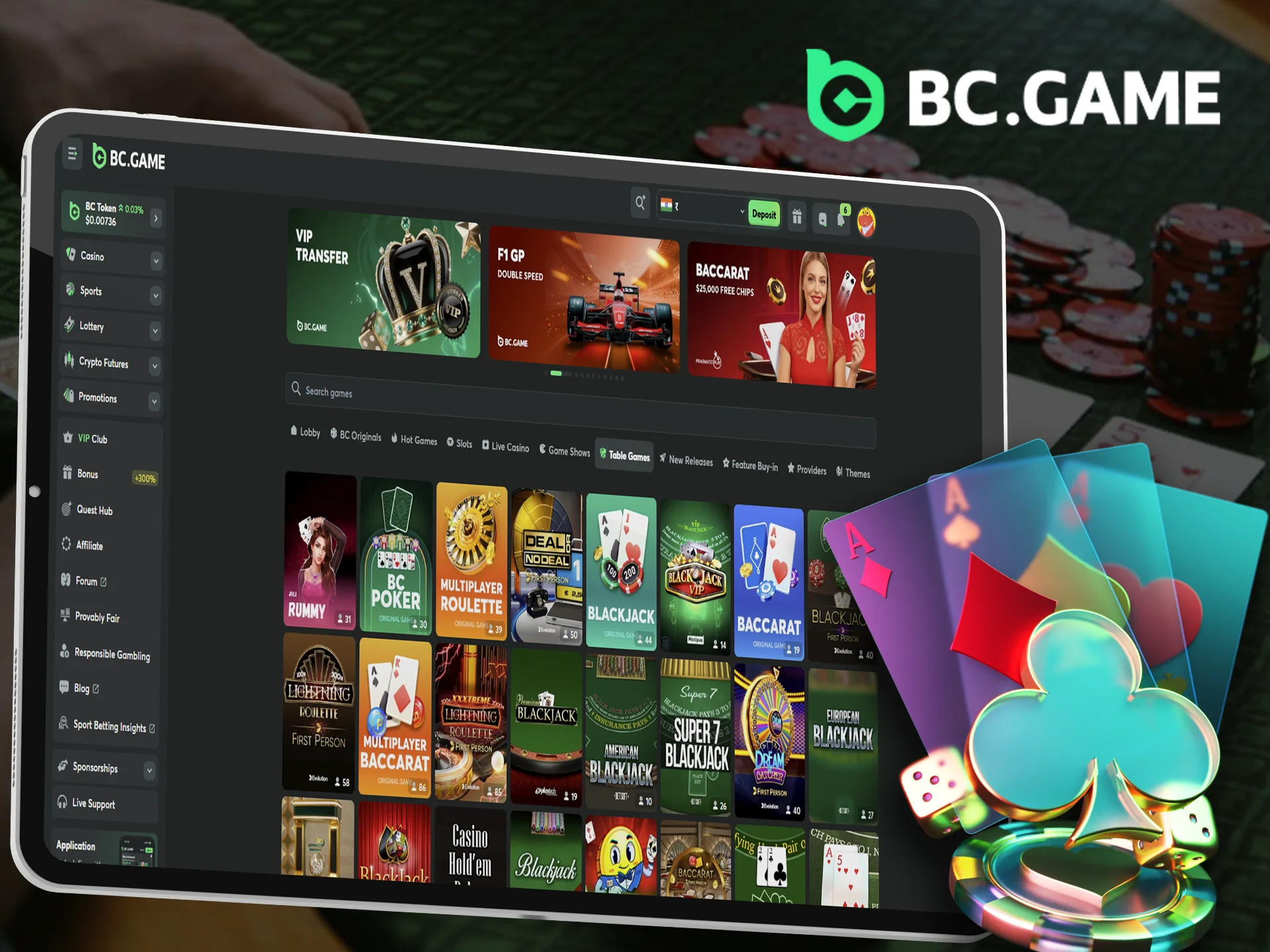 Laptop displaying BC Game table games with various poker, roulette, and blackjack tables.