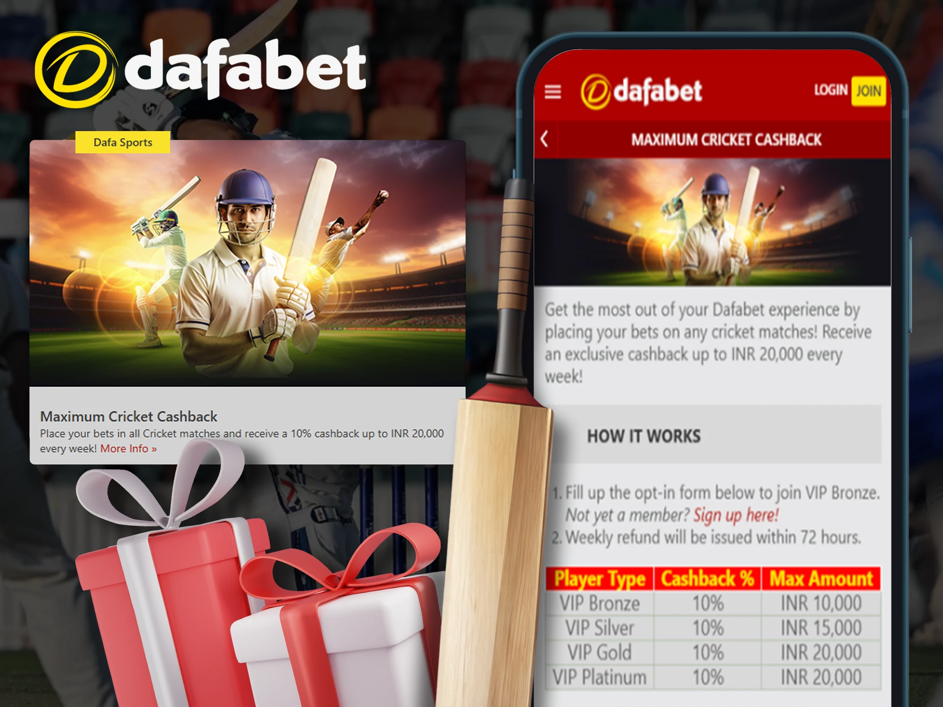 Bet on cricket and get cashback with a bonus from Dafabet.