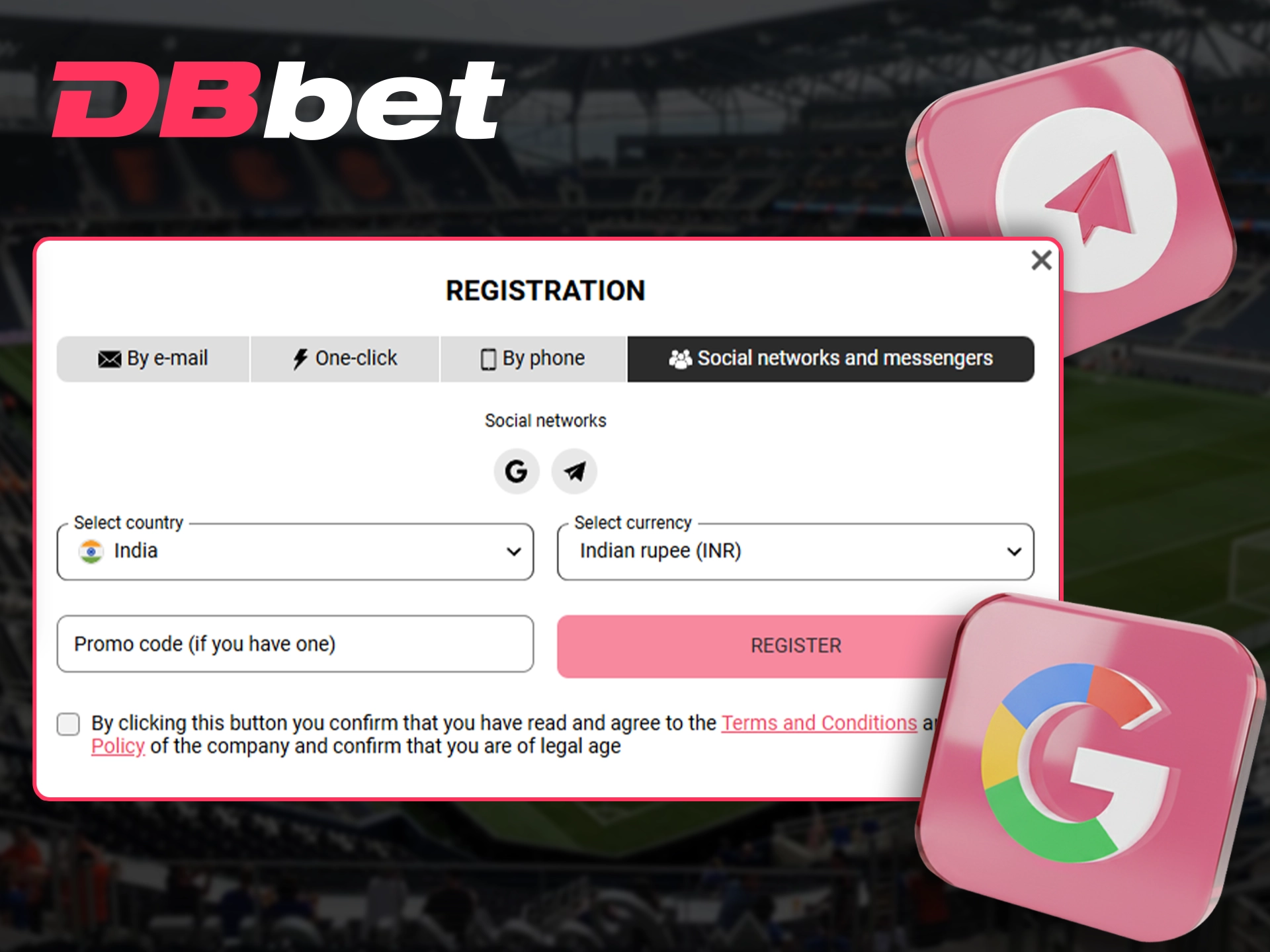 Register using your personal social media account at DBbet.