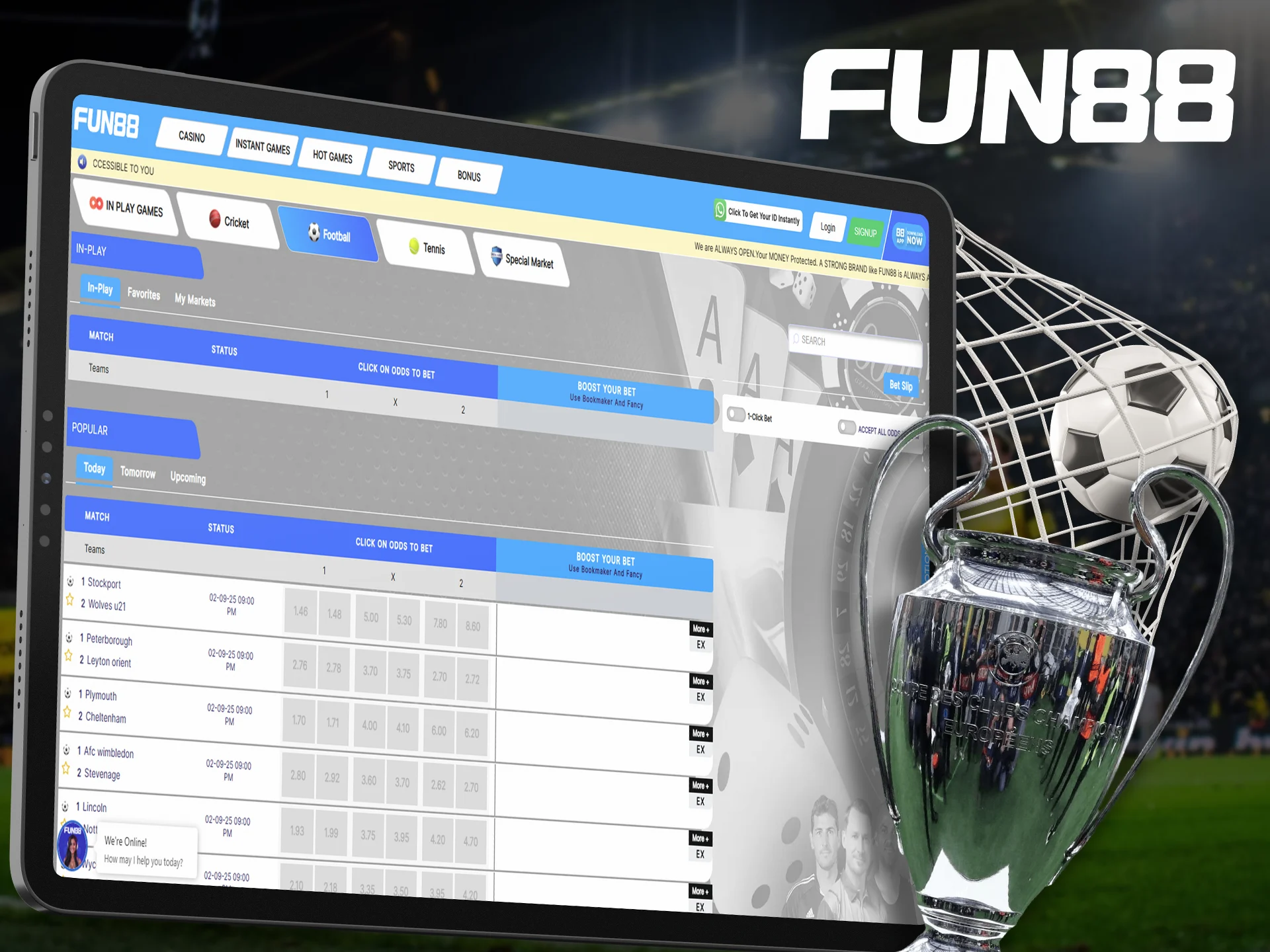 Predict the outcome of football matches by betting and winning at Fun88.