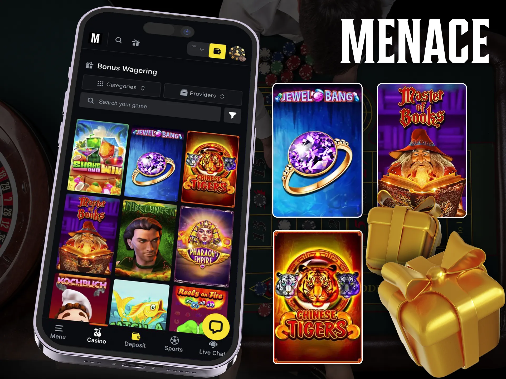 Play casino games with bonus wagering only at Menace King.