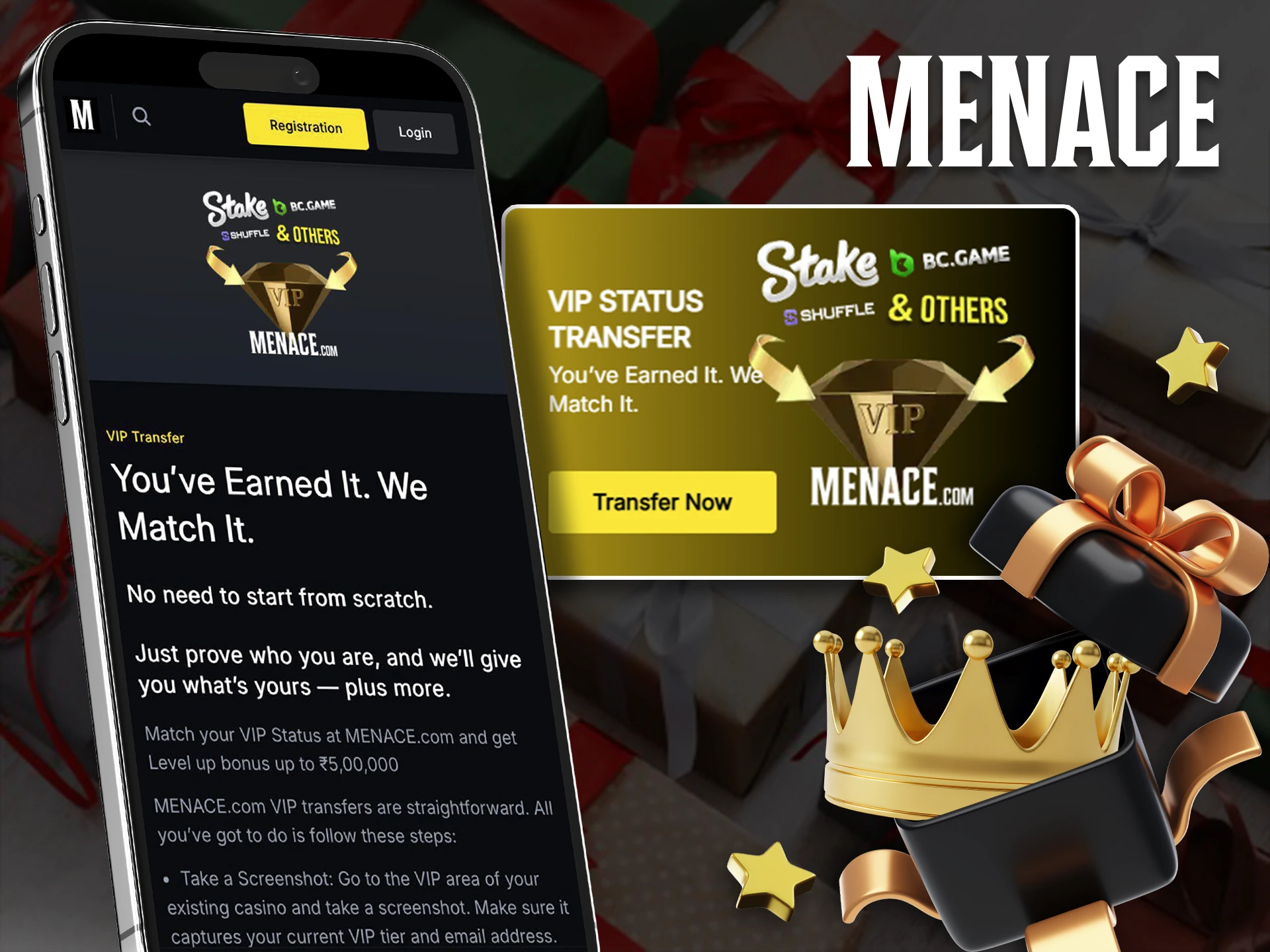 Use the VIP transfer bonus to get VIP status at Menace King.