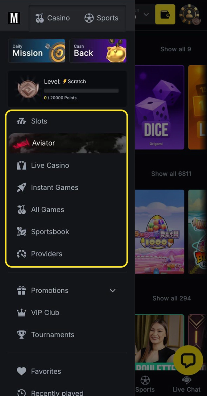Select a section and game to start betting at Menace King.