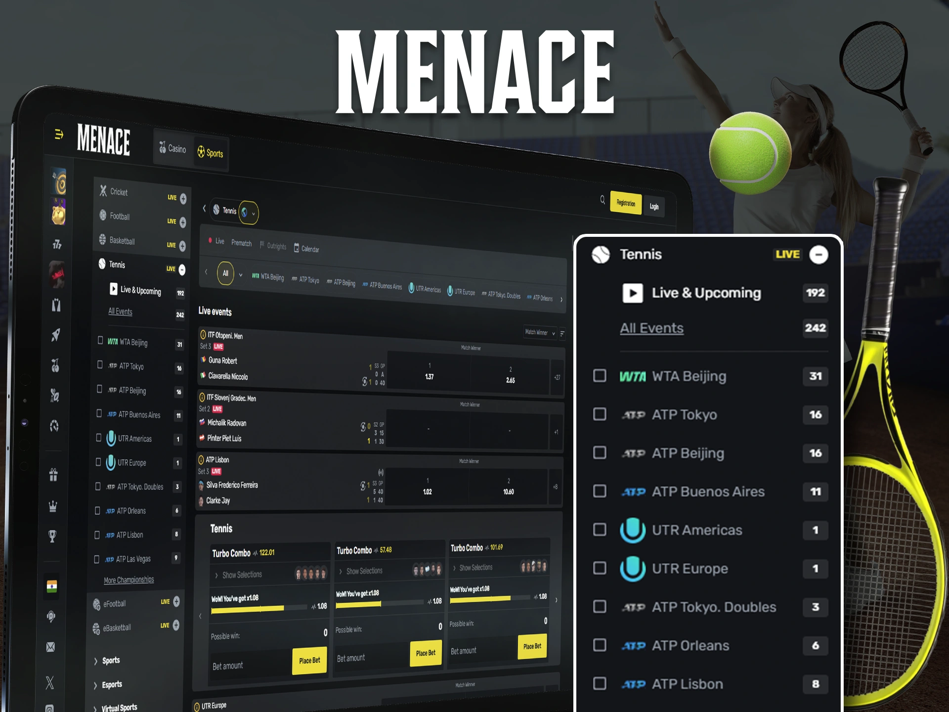 Bet on the score or victory in tennis and win in Menace King.
