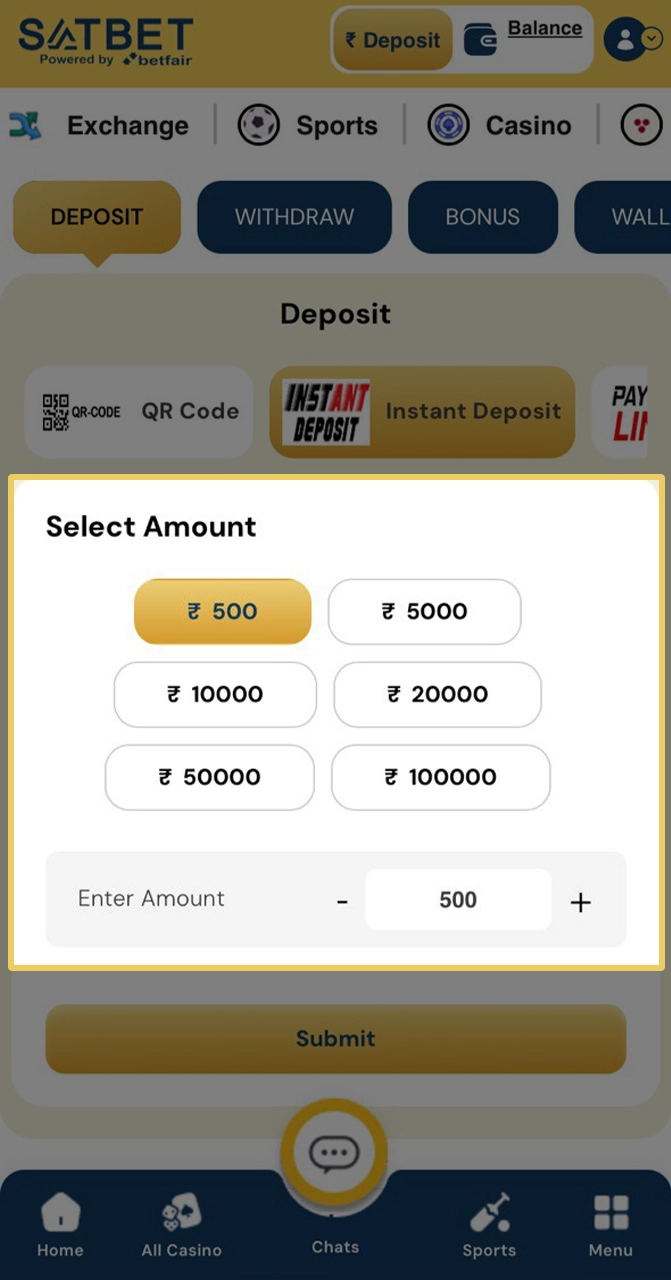 Enter required amount and additional information for your deposit at Satbet.