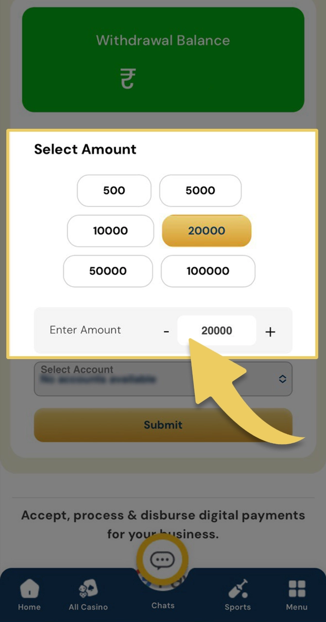 Enter the required withdrawal amount for Satbet.