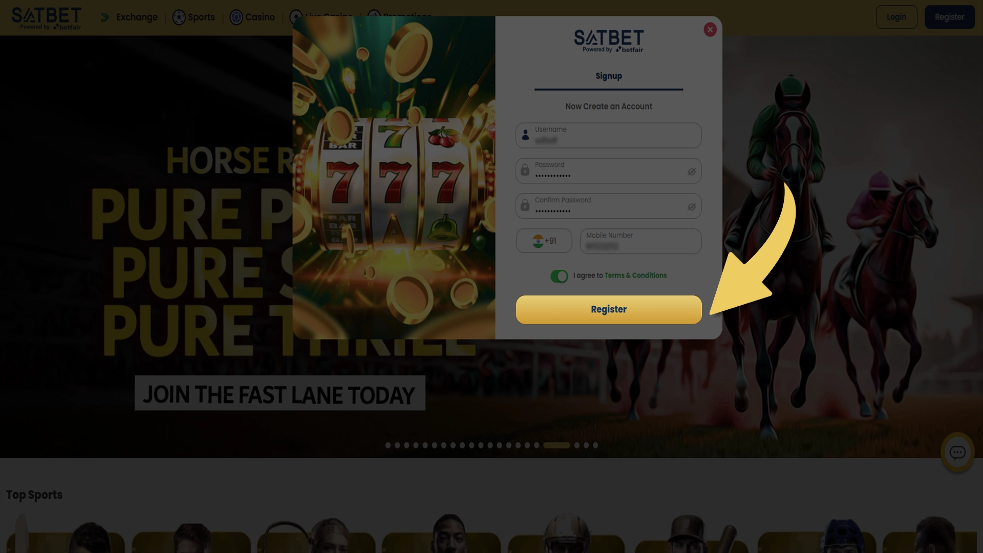 Confirm your details and complete your registration at Satbet.