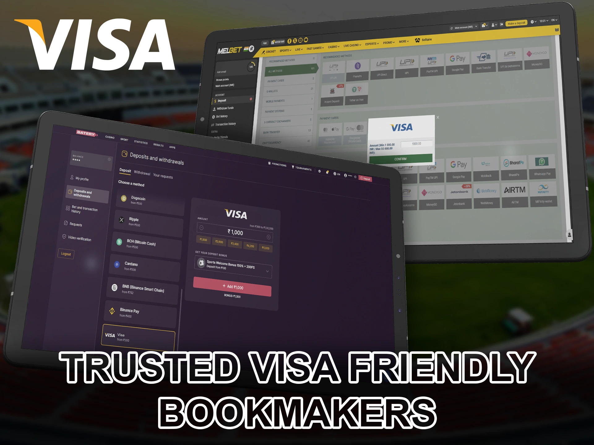 Choose friendly bookmakers with the Visa account replenishment function.