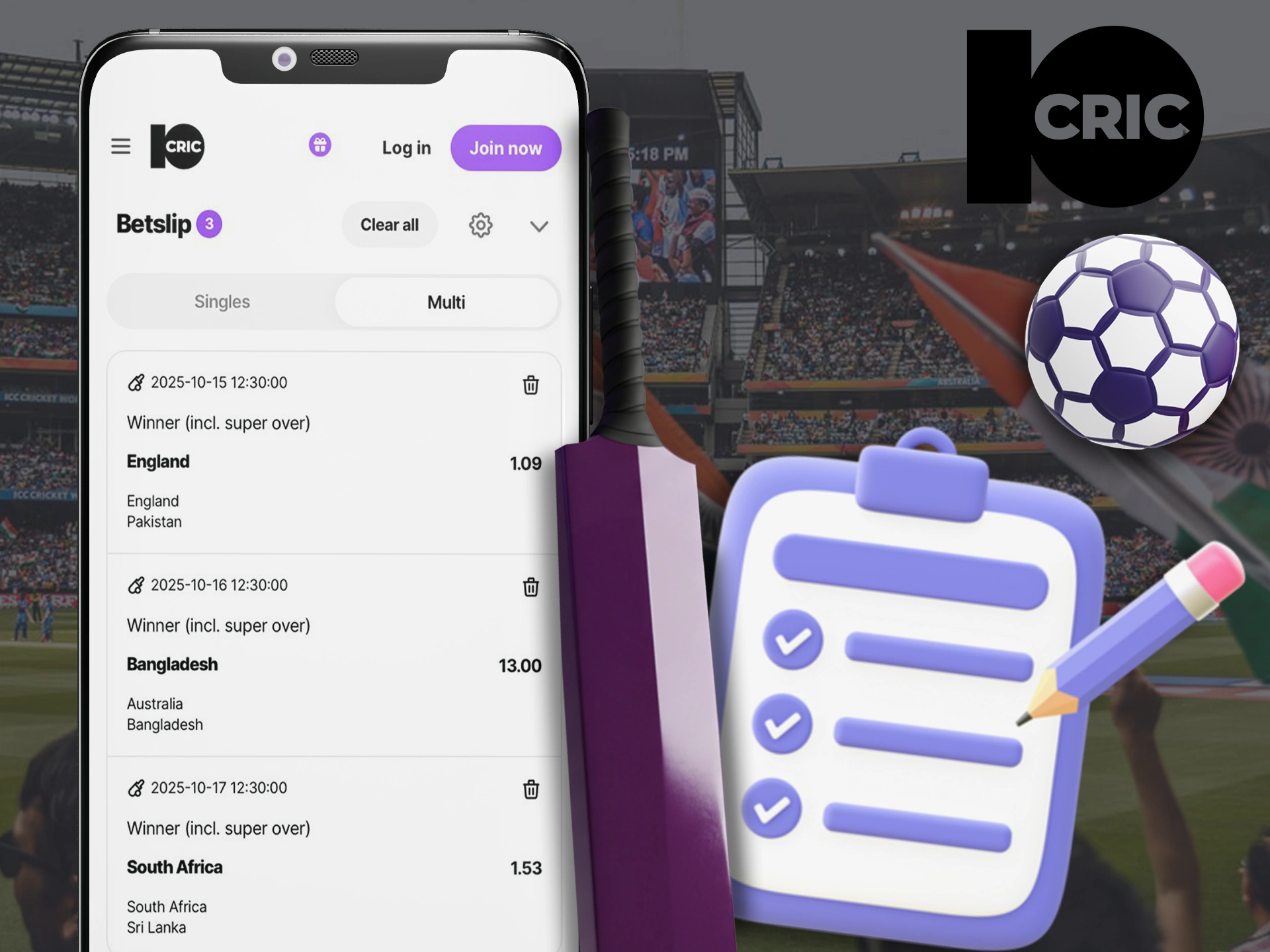 In the 10Cric app you can choose the type of bet you want.