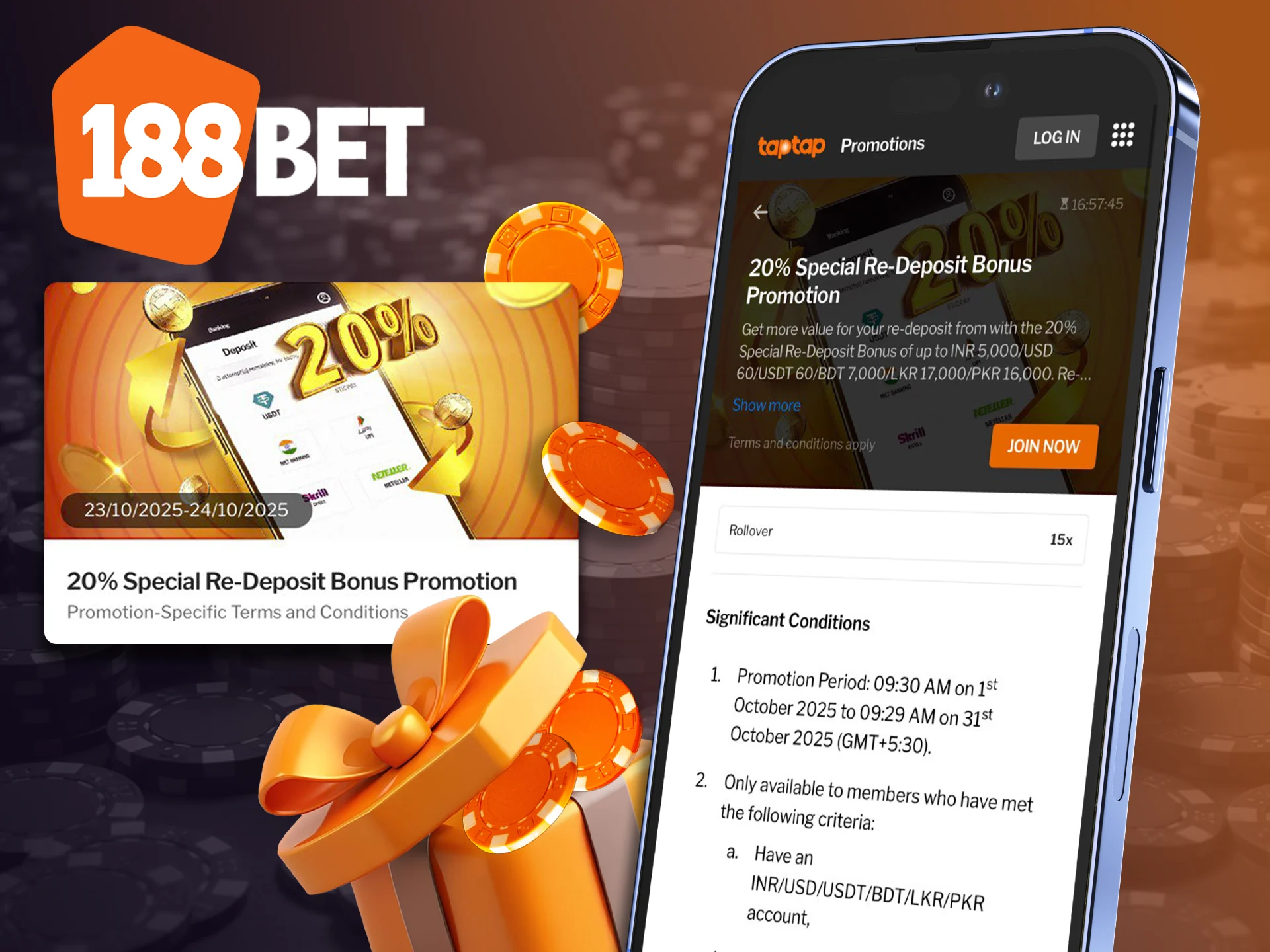 Top up your account in the 188bet app and claim bonuses.