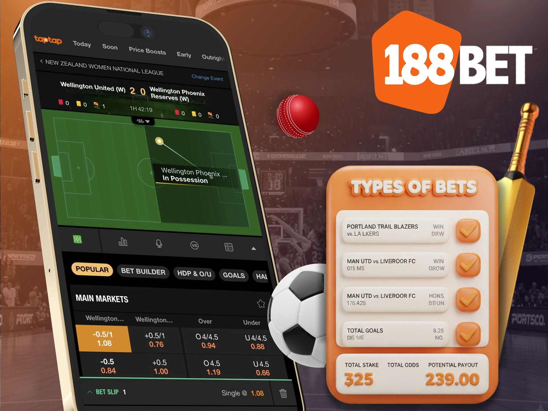 Use the available sports betting types in the 188bet app.
