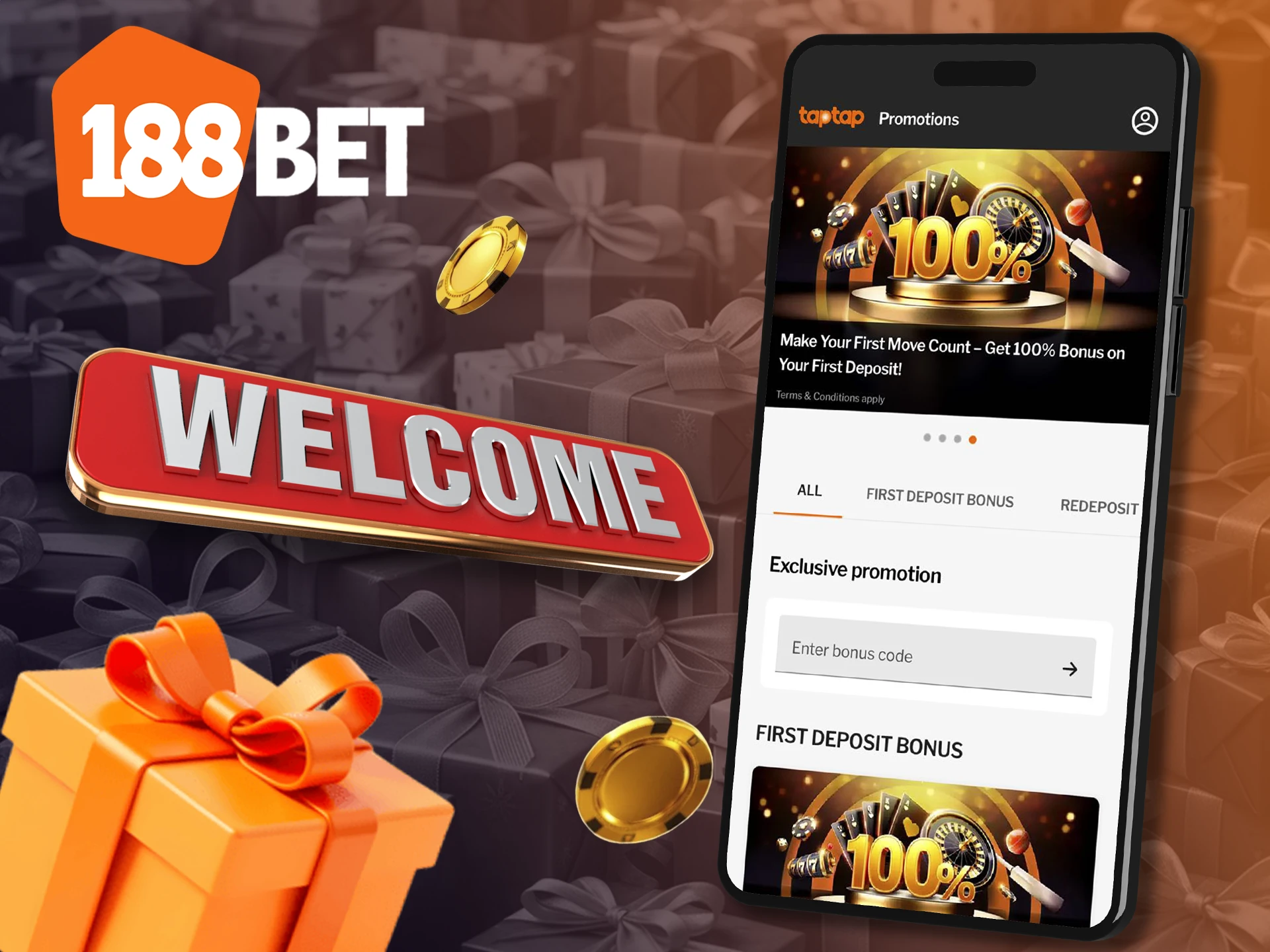 Start betting in the 188bet app and get a welcome bonus.