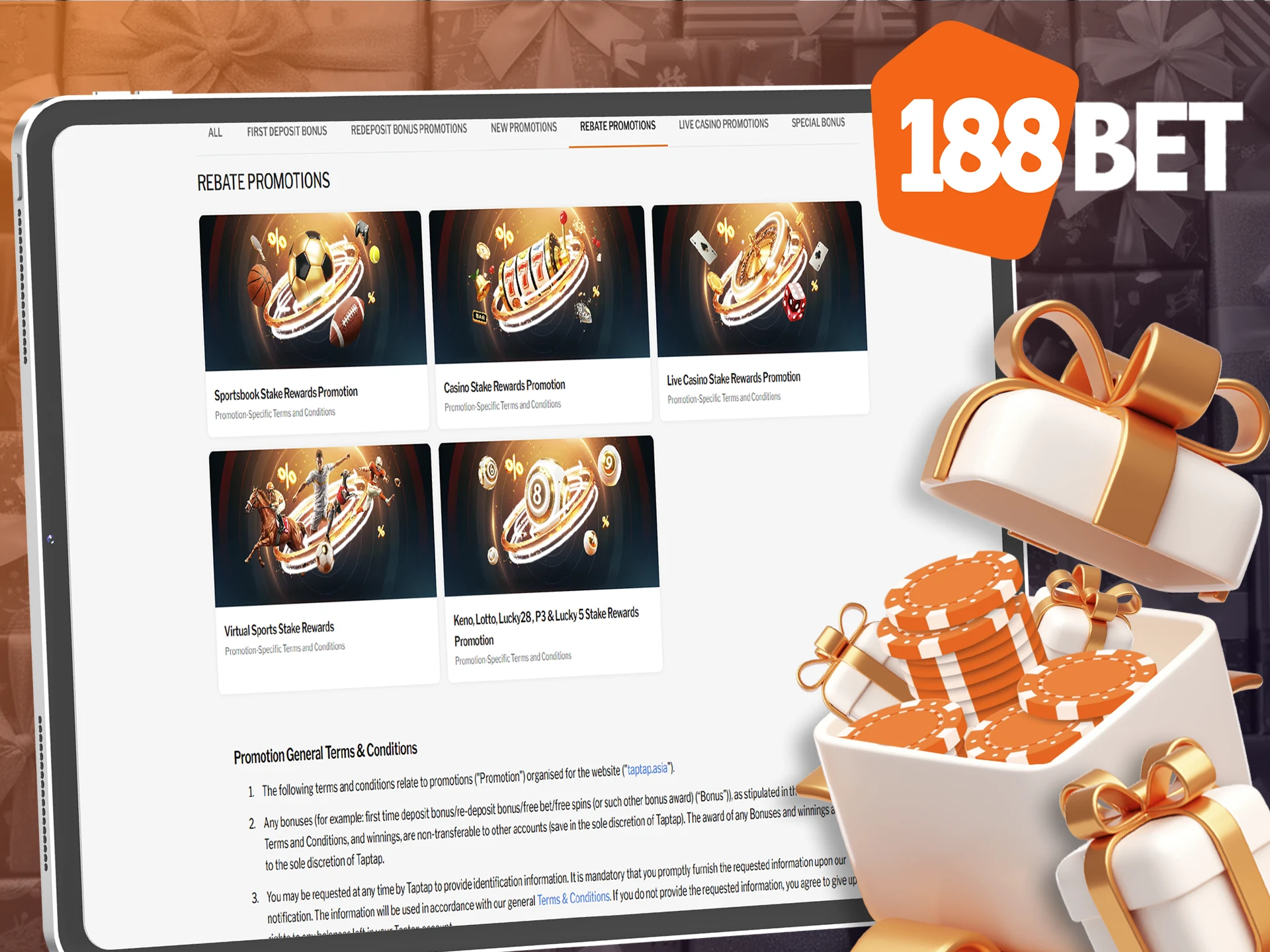 Rebate bonuses from 188bet are ready for you to use for betting.